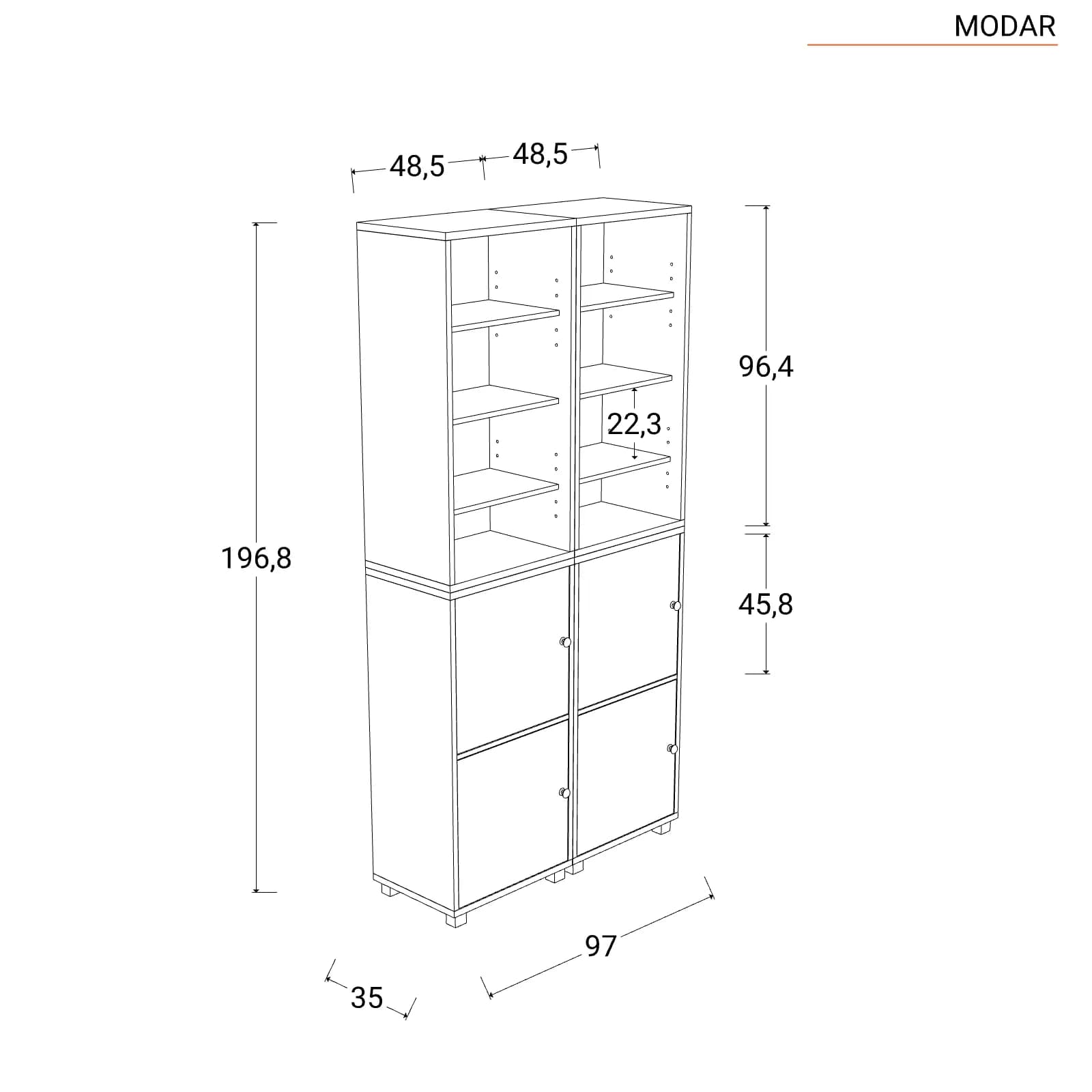 Libreria modulare 97x197h cm effetto ciliegio con 2 ante bianche - Modar