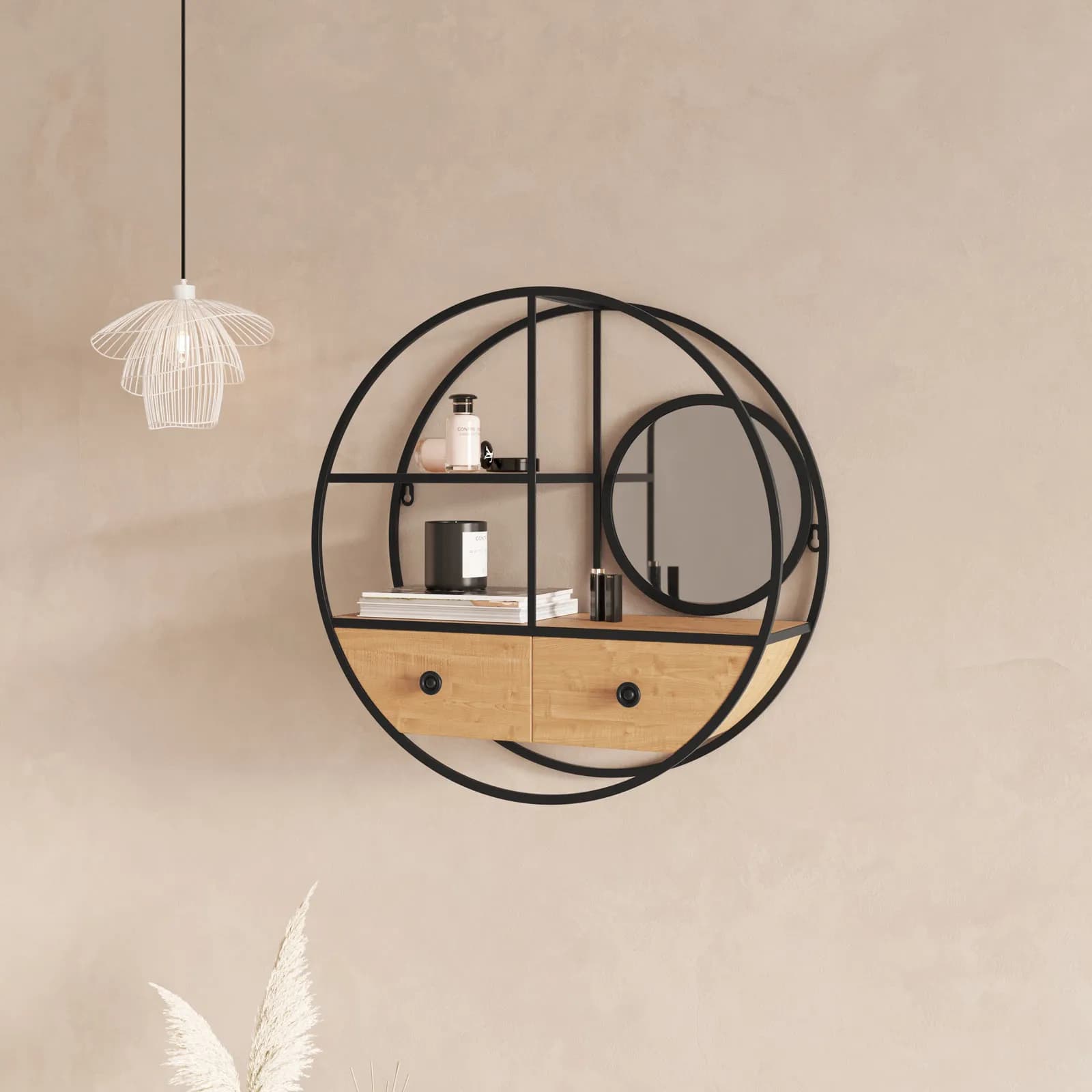 Libreria sospesa rotonda 50 cm metallo nero e rovere chiaro con specchio e 2 cassetti - Fedrin