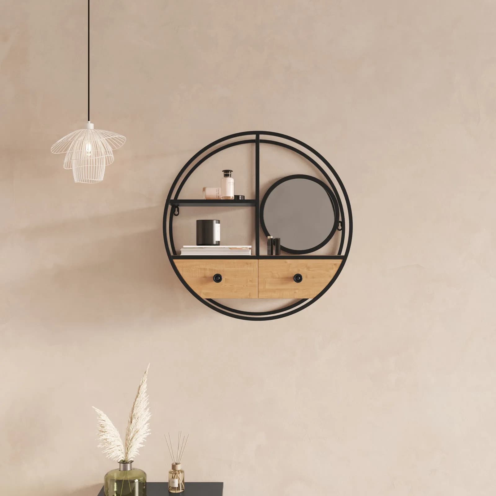 Libreria sospesa rotonda 50 cm metallo nero e rovere chiaro con specchio e 2 cassetti - Fedrin