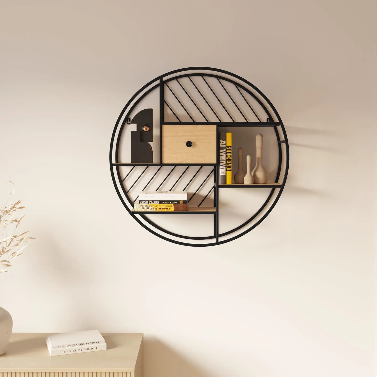 Libreria sospesa rotonda 70 cm in metallo nero e rovere chiaro con 1 cassetto - Beorn