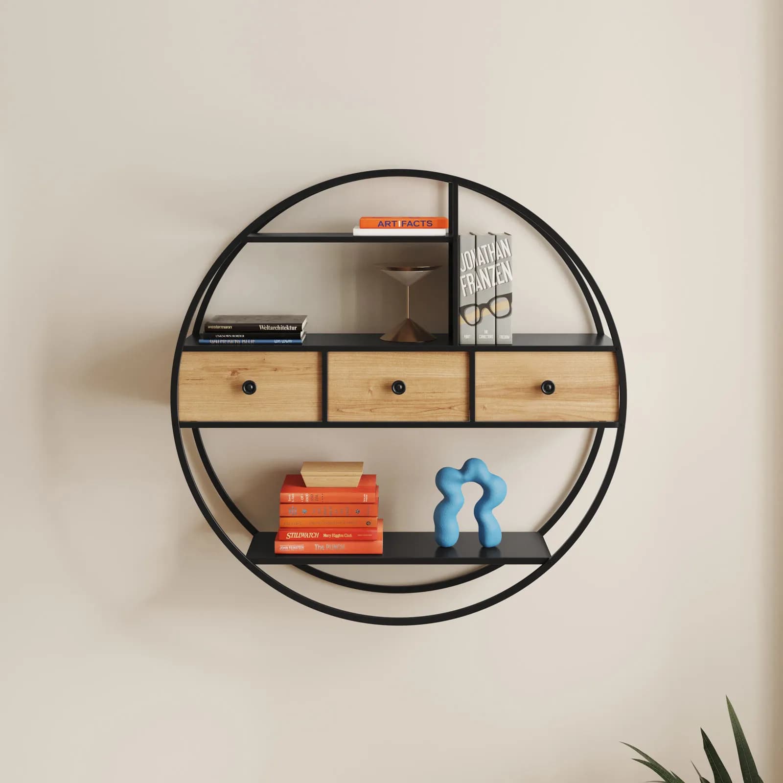 Libreria sospesa rotonda 75 cm in metallo nero e rovere chiaro con 3 cassetti - Drinci