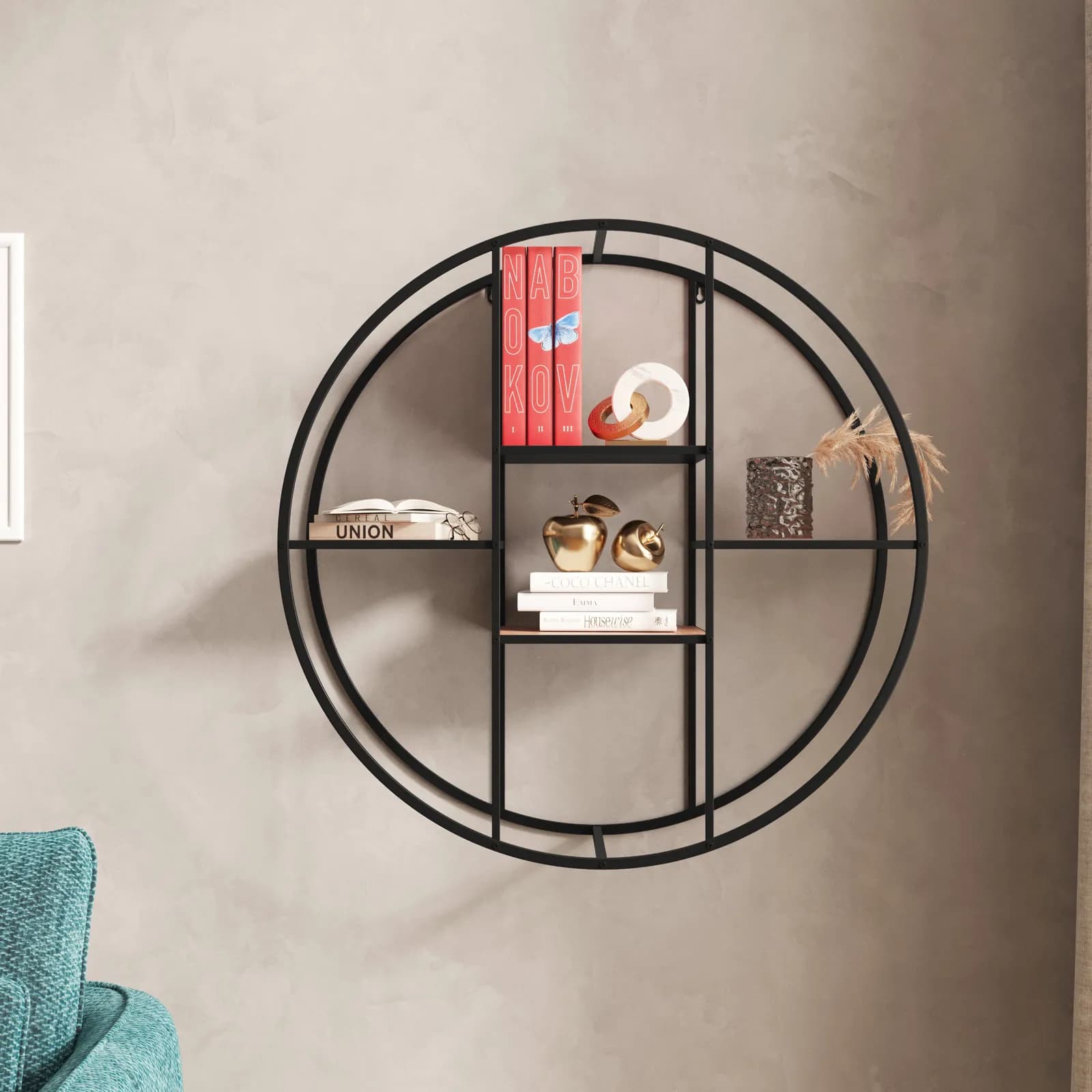 Libreria sospesa rotonda 80 cm in metallo nero e rovere chiaro - Kocen