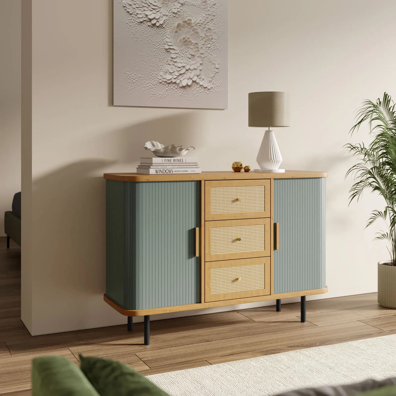 Madia 110x76h cm bambù verde salvia cannettato con 3 cassetti 2 ante soft close - Thalina