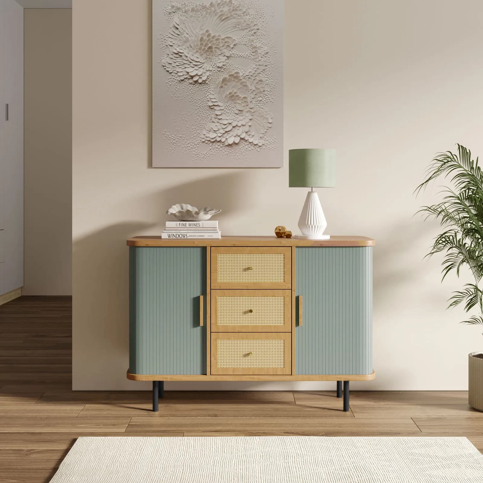 Madia 110x76h cm bambù verde salvia cannettato con 3 cassetti 2 ante soft close - Thalina