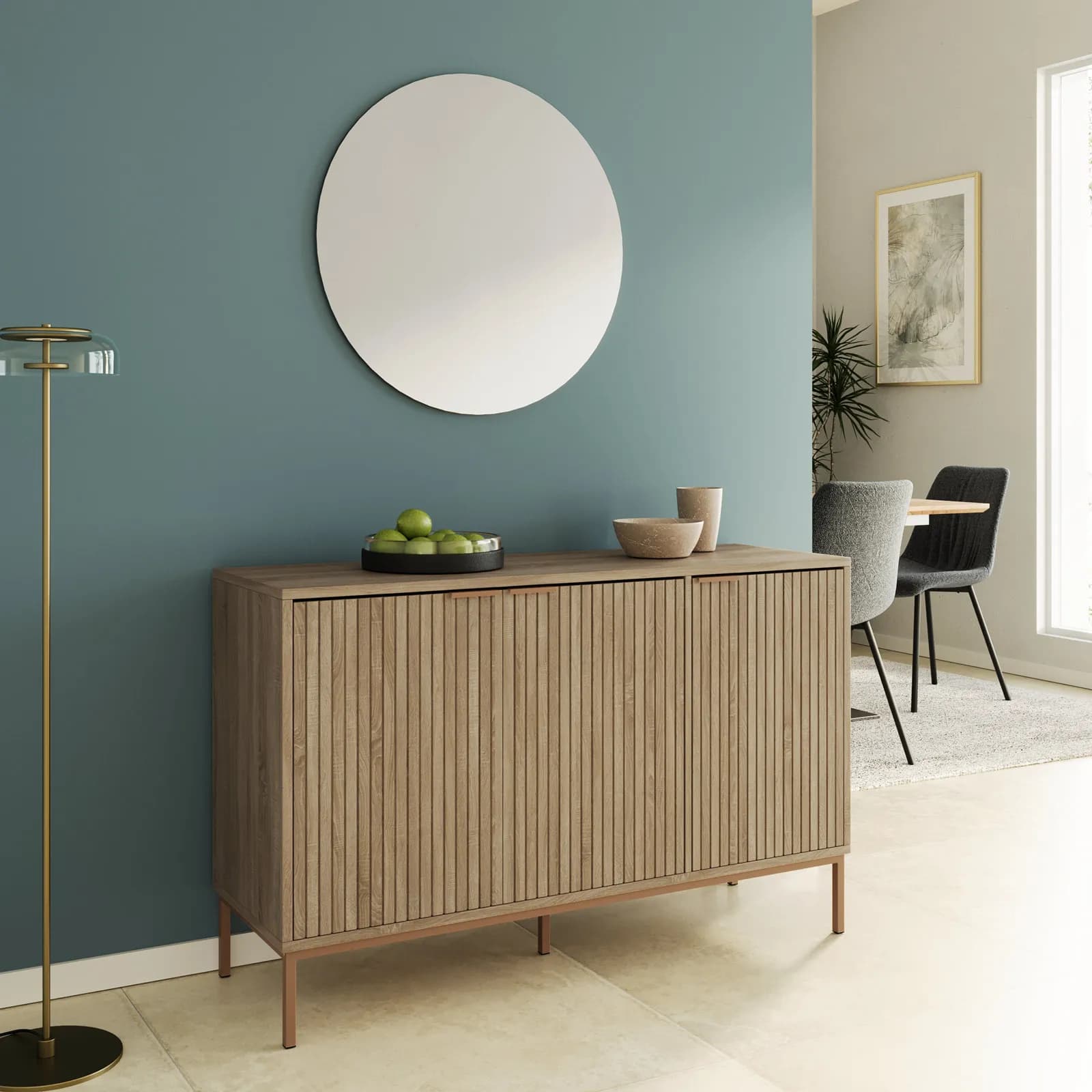 Madia 120x76h cm rovere cannettato con 3 ante e struttura in acciaio oro bronzato - Kloser