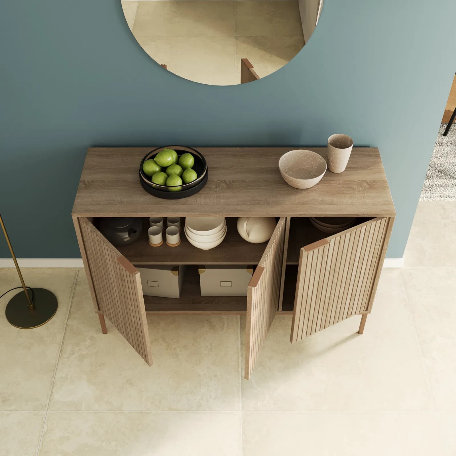 Madia 120x76h cm rovere cannettato con 3 ante e struttura in acciaio oro bronzato - Kloser