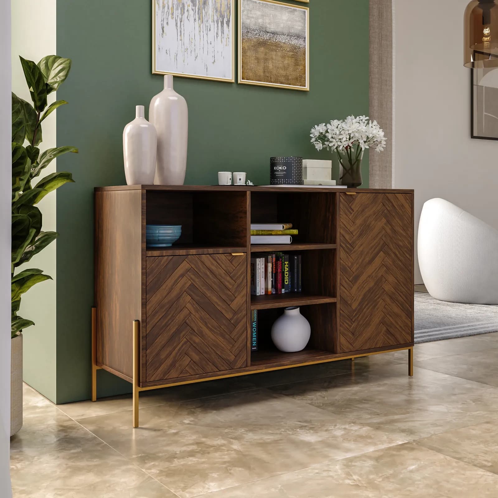 Madia 120x77h cm in legno noce effetto parquet con 2 ante e struttura in metallo oro bronzato - Mufasa
