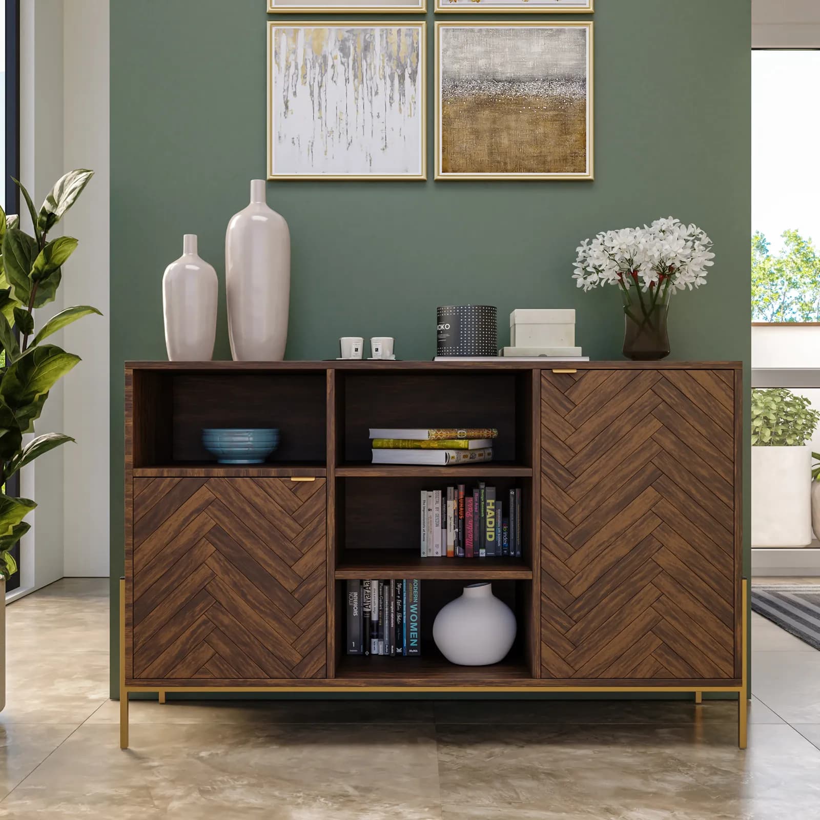 Madia 120x77h cm in legno noce effetto parquet con 2 ante e struttura in metallo oro bronzato - Mufasa