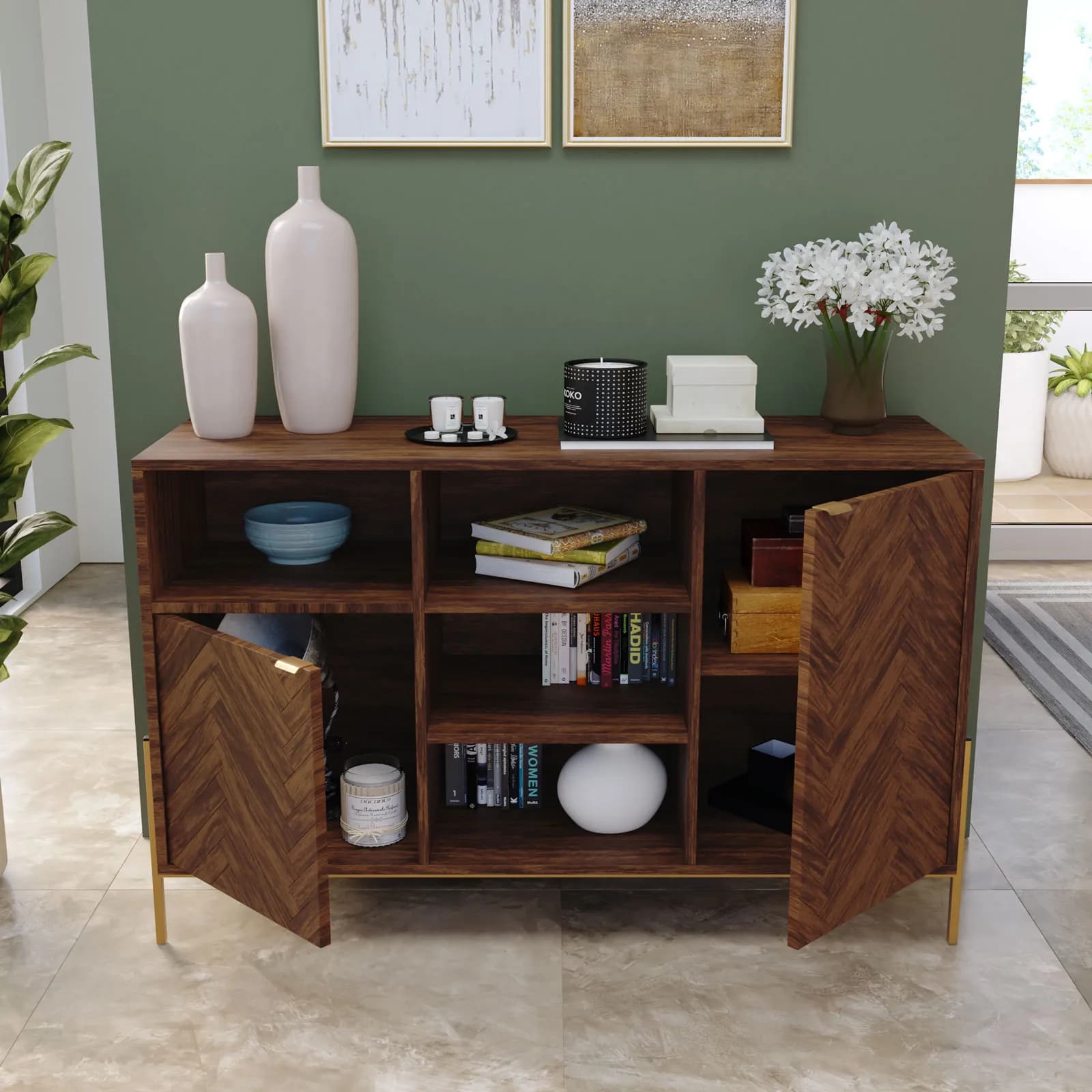 Madia 120x77h cm in legno noce effetto parquet con 2 ante e struttura in metallo oro bronzato - Mufasa