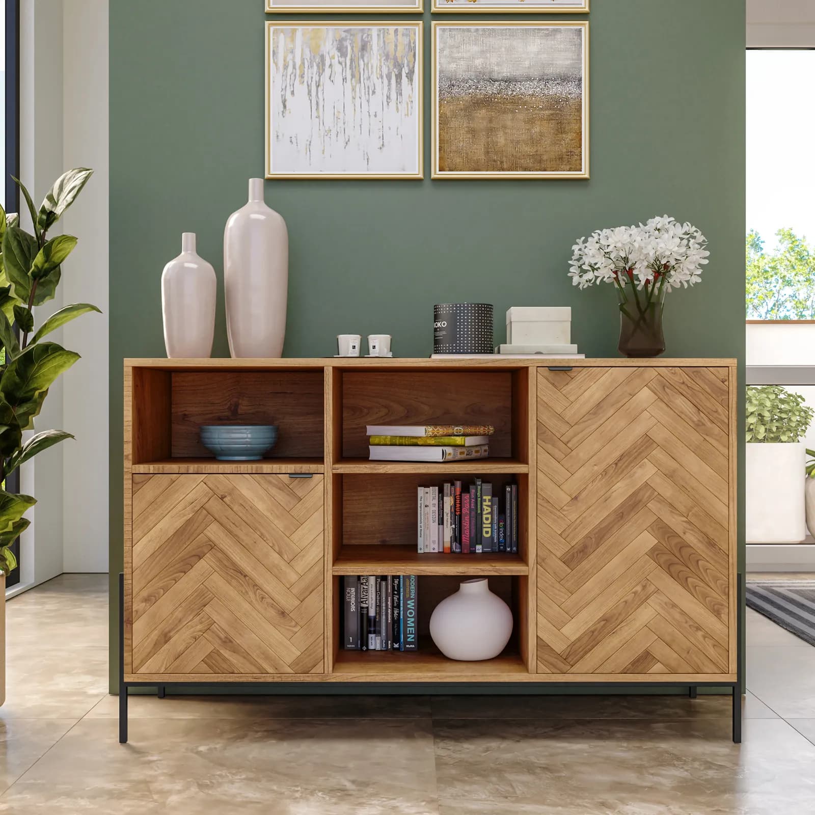 Madia 120x77h cm in legno rovere chiaro effetto parquet con 2 ante e struttura in metallo nero opaco - Mufasa