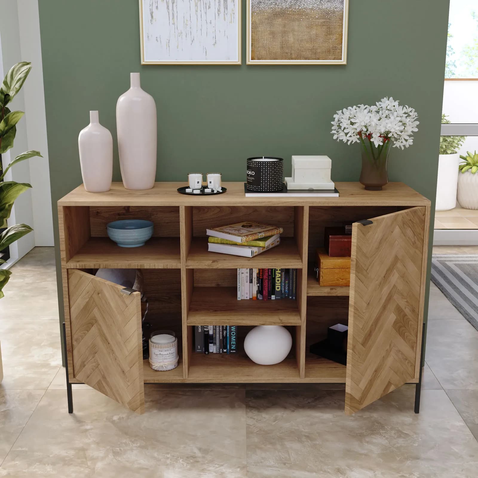 Madia 120x77h cm in legno rovere chiaro effetto parquet con 2 ante e struttura in metallo nero opaco - Mufasa