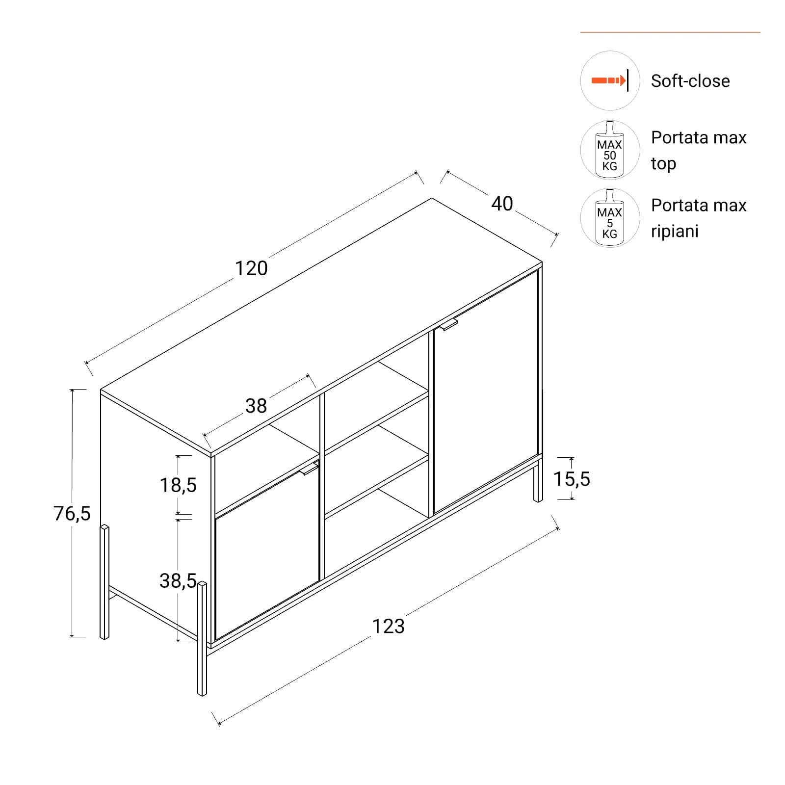 Madia 120x77h cm in legno rovere chiaro effetto parquet con 2 ante e struttura in metallo nero opaco - Mufasa