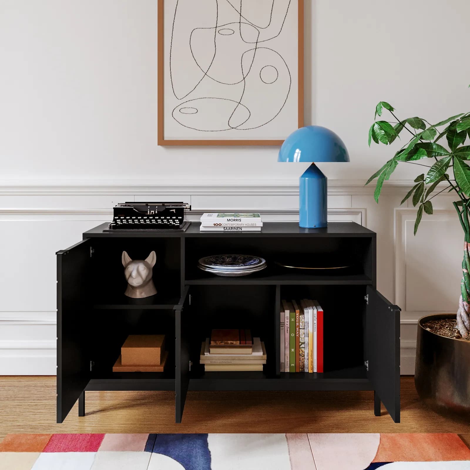 Madia 128x78h cm nero con piedi in metallo e 3 ante decorate soft close - Miara