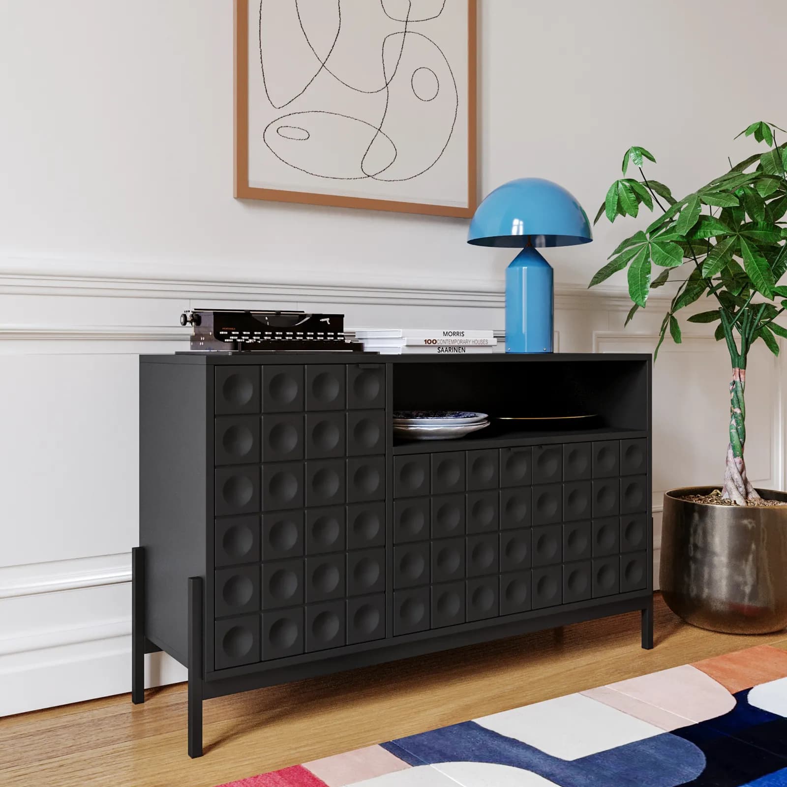 Madia 128x78h cm nero con piedi in metallo e 3 ante decorate soft close - Miara