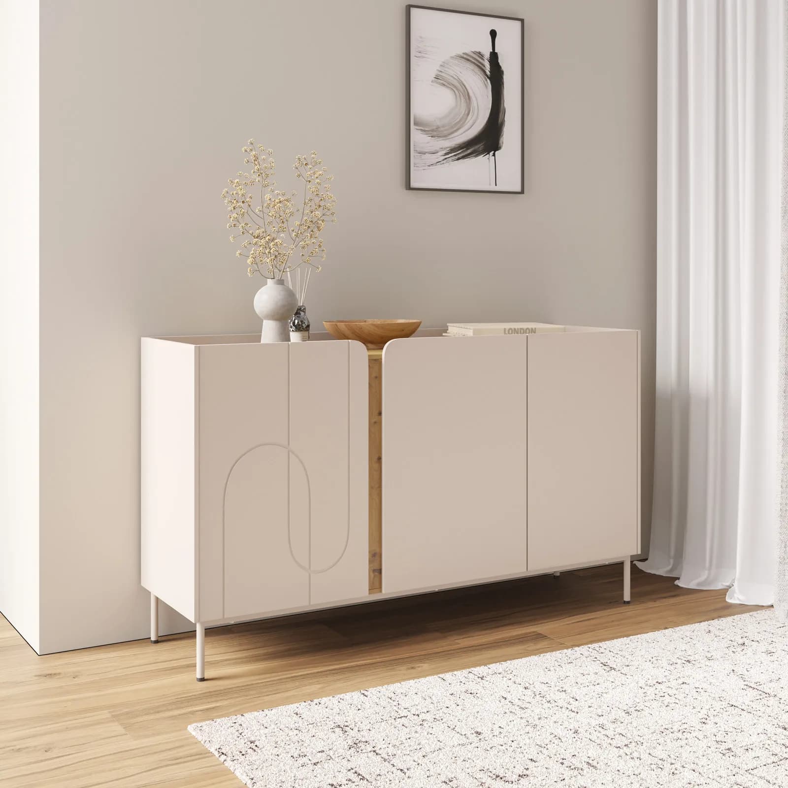 Madia 140x82h cm effetto rovere e cashmere opaco con 3 ante e piedi in metallo - Voltaire