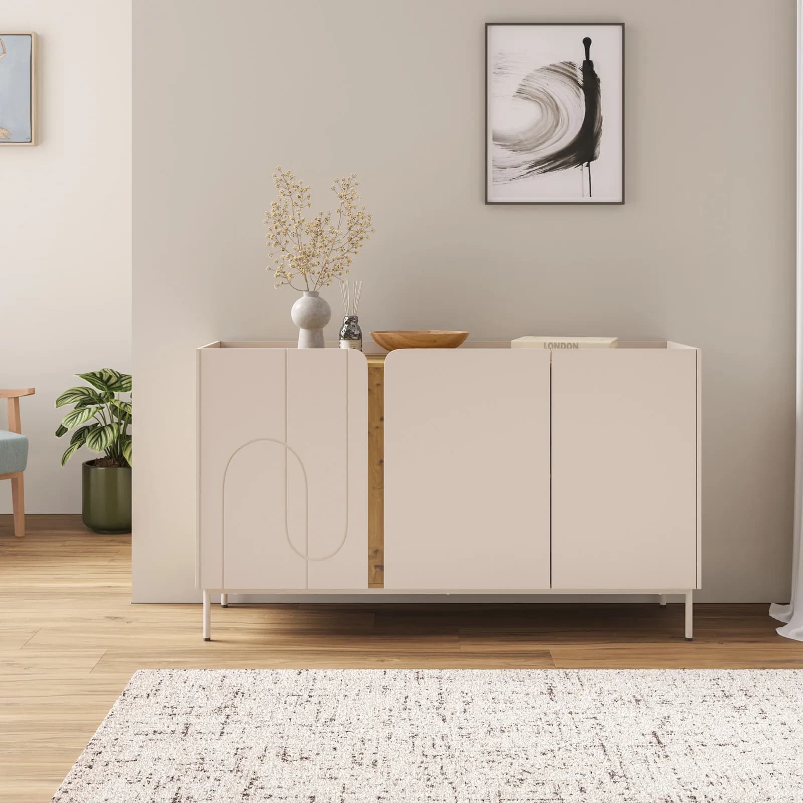 Madia 140x82h cm effetto rovere e cashmere opaco con 3 ante e piedi in metallo - Voltaire
