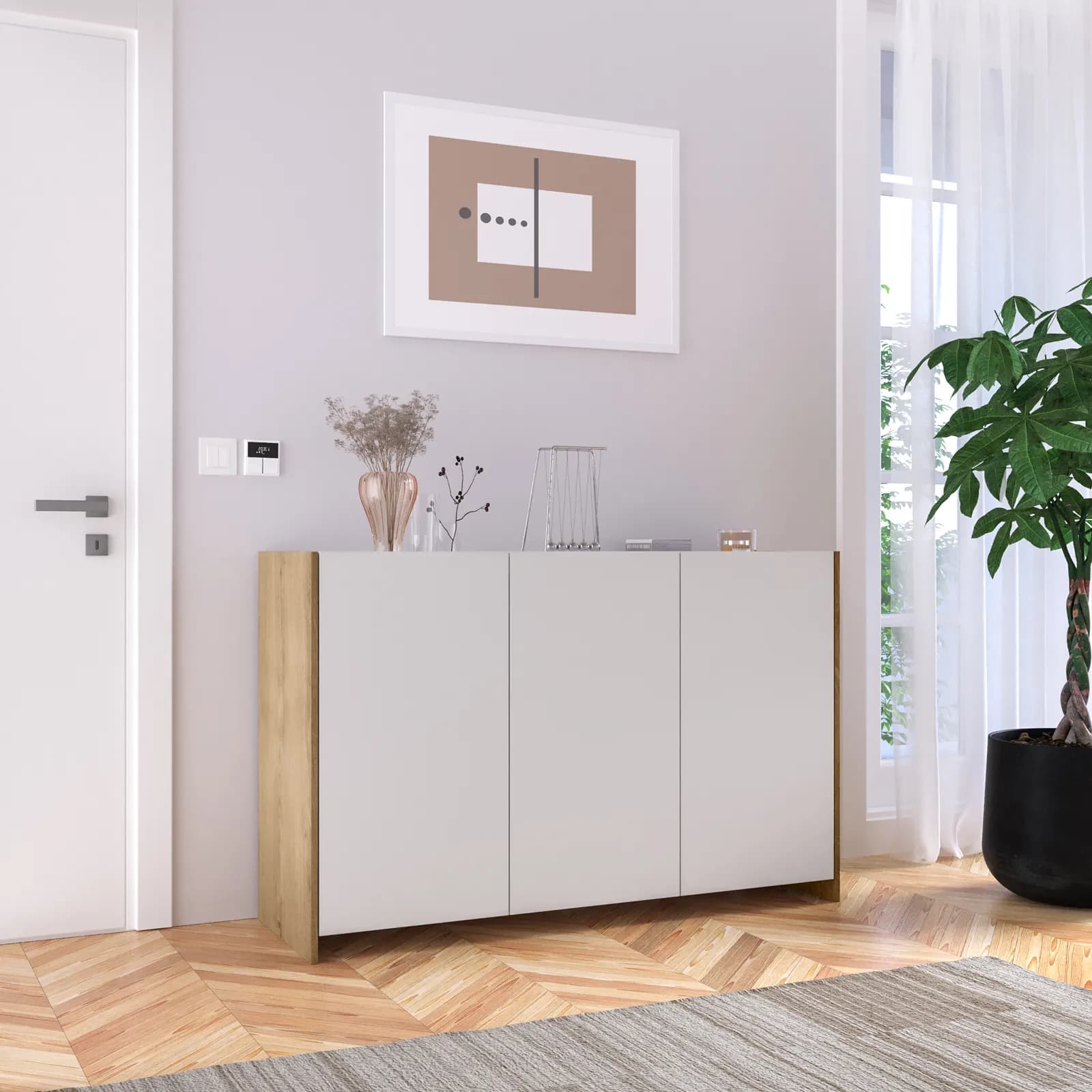 Madia 140x90h cm con 3 ante bianco e rovere - Wilem
