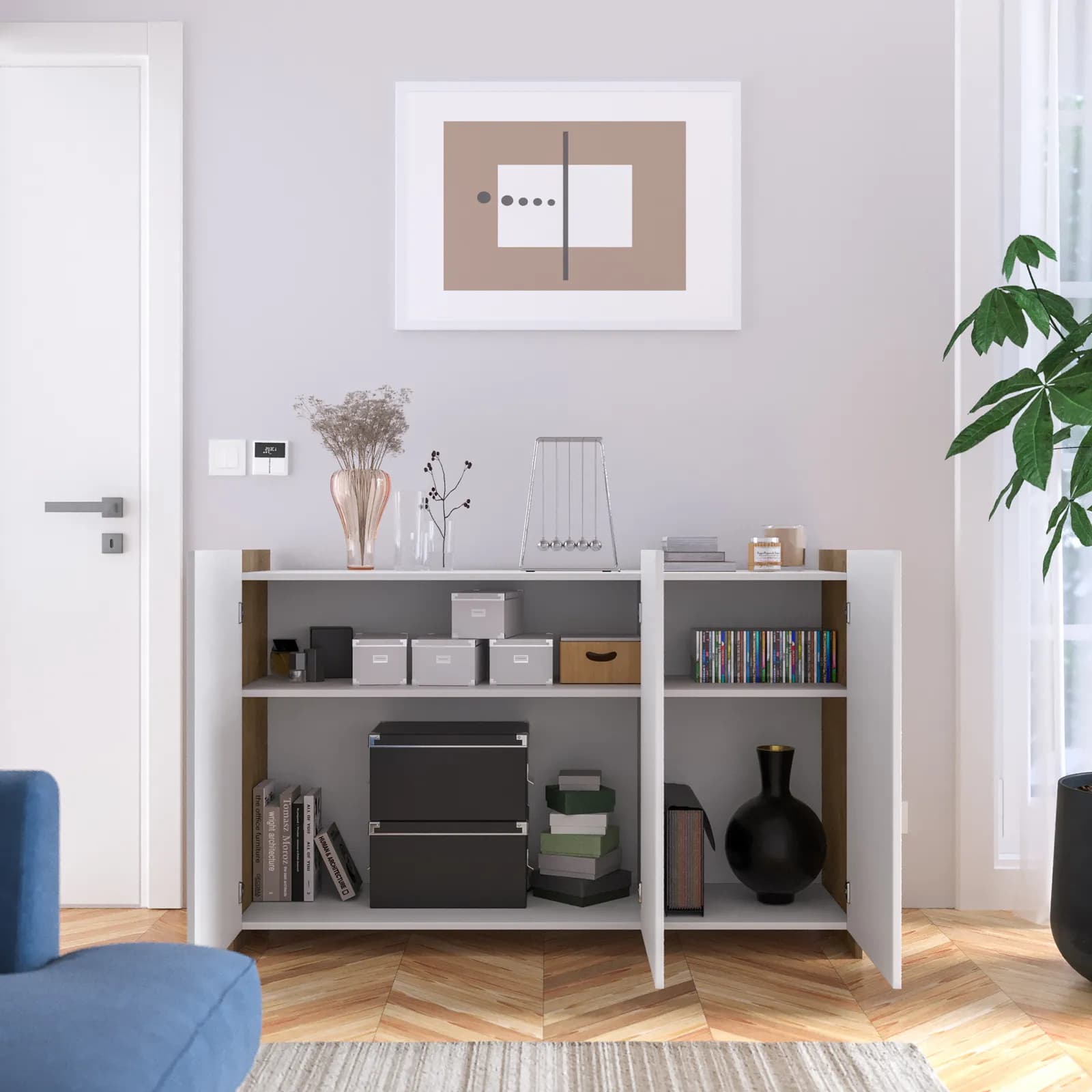 Madia 140x90h cm con 3 ante bianco e rovere - Wilem