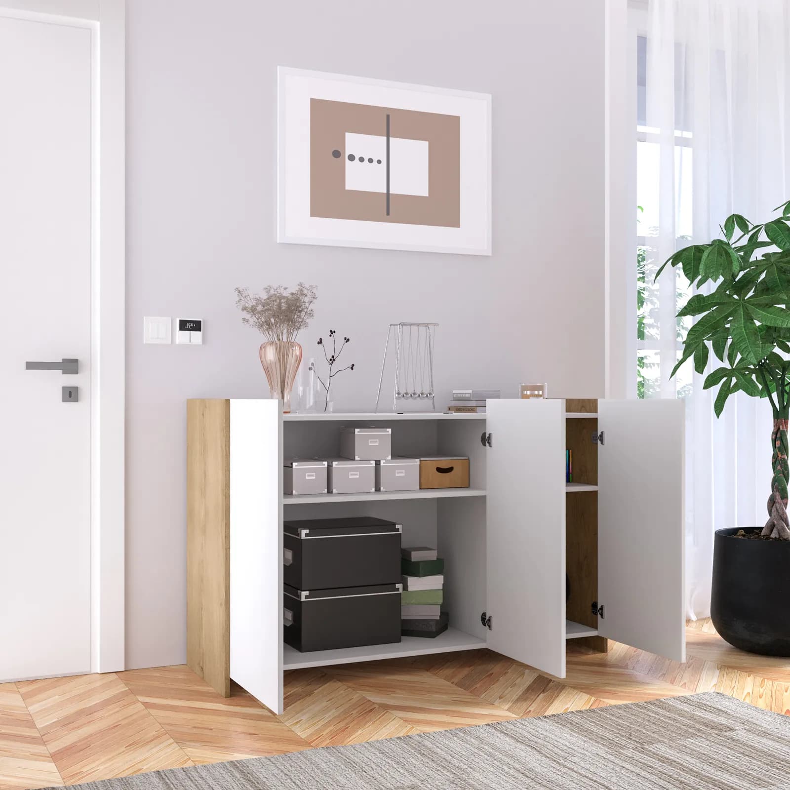 Madia 140x90h cm con 3 ante bianco e rovere - Wilem