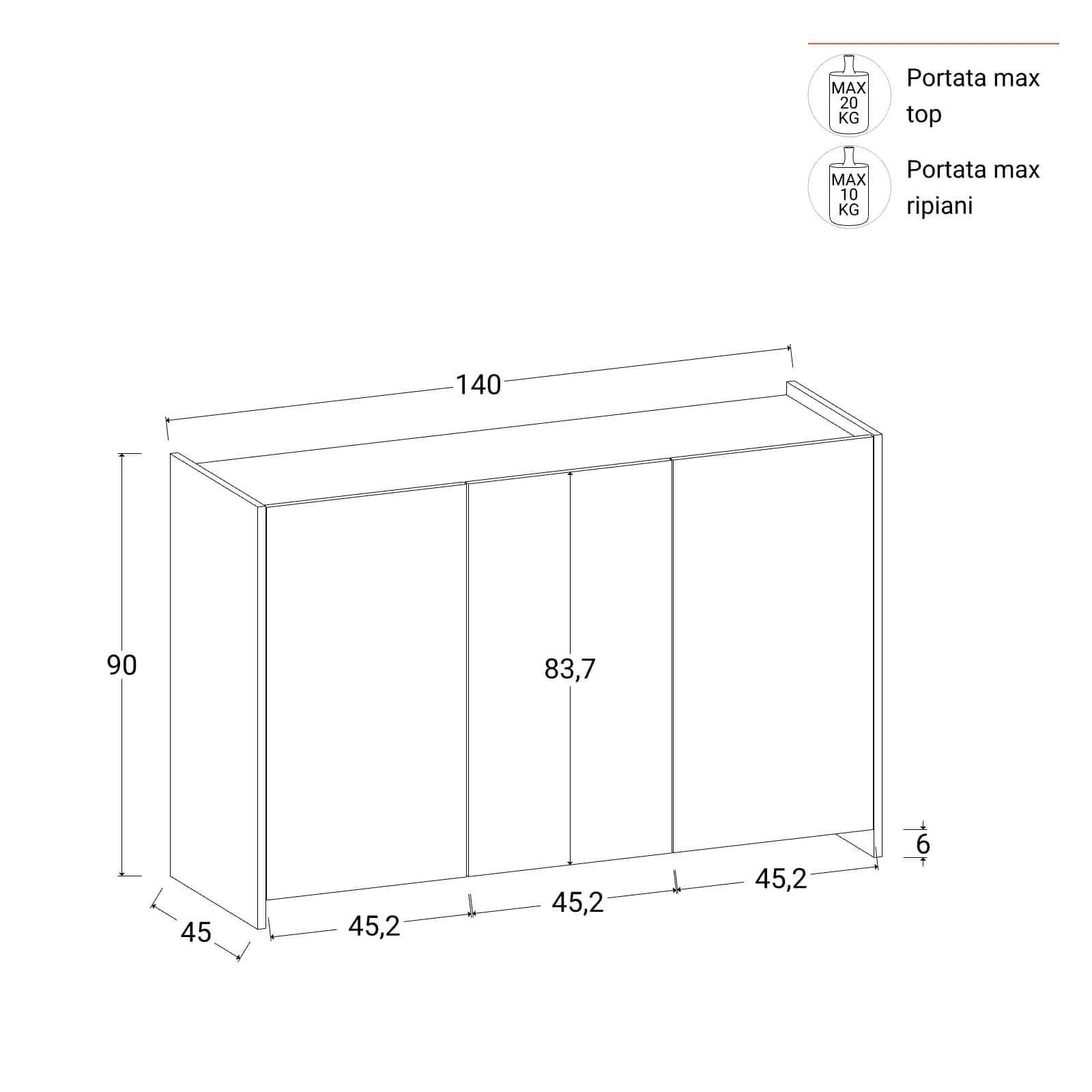 Madia 140x90h cm con 3 ante bianco e rovere - Wilem