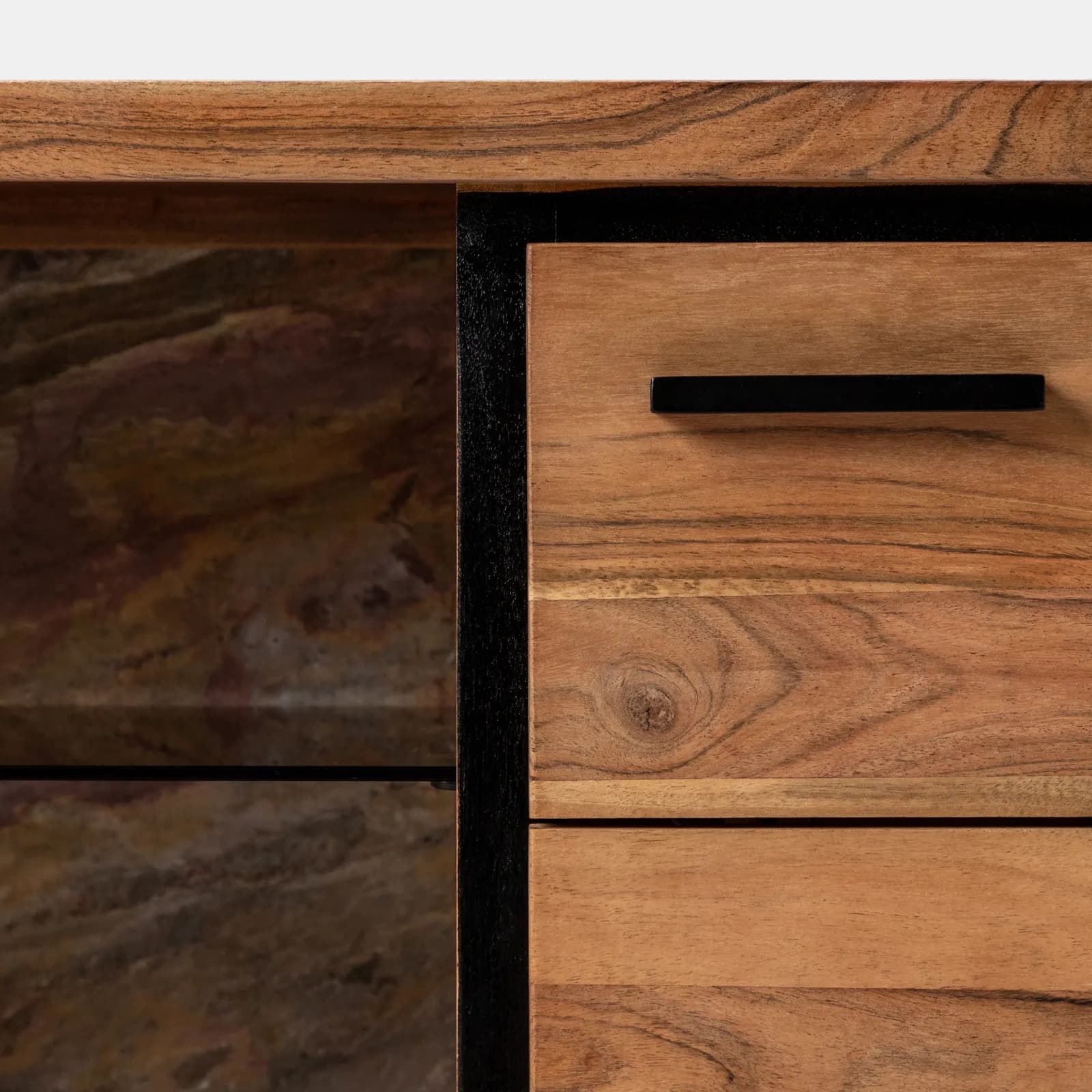 Madia 145x77h cm in legno di acacia con pannello in vetro retroilluminato - Freia Stone