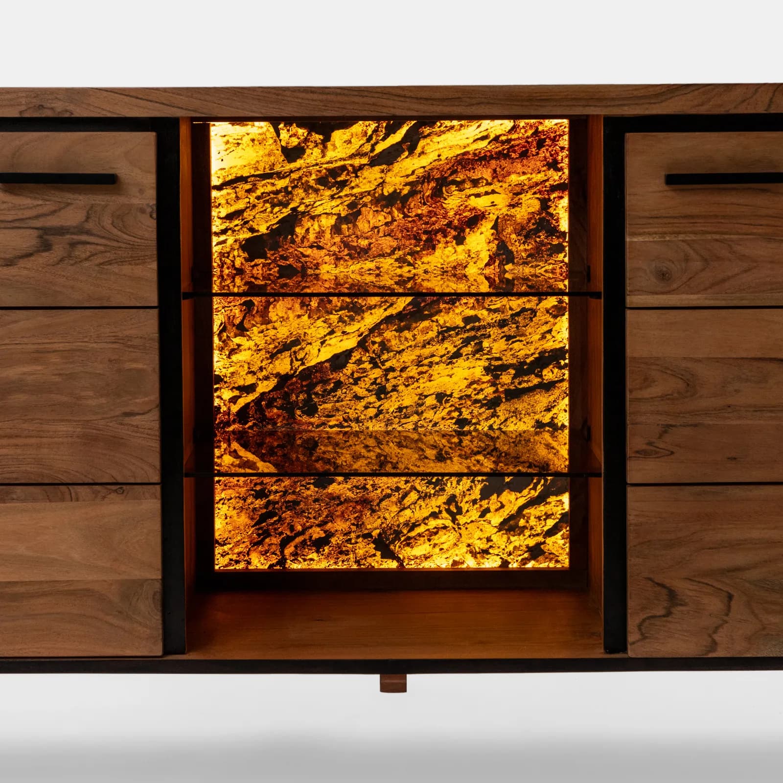 Madia 145x77h cm in legno di acacia con pannello in vetro retroilluminato - Freia Stone