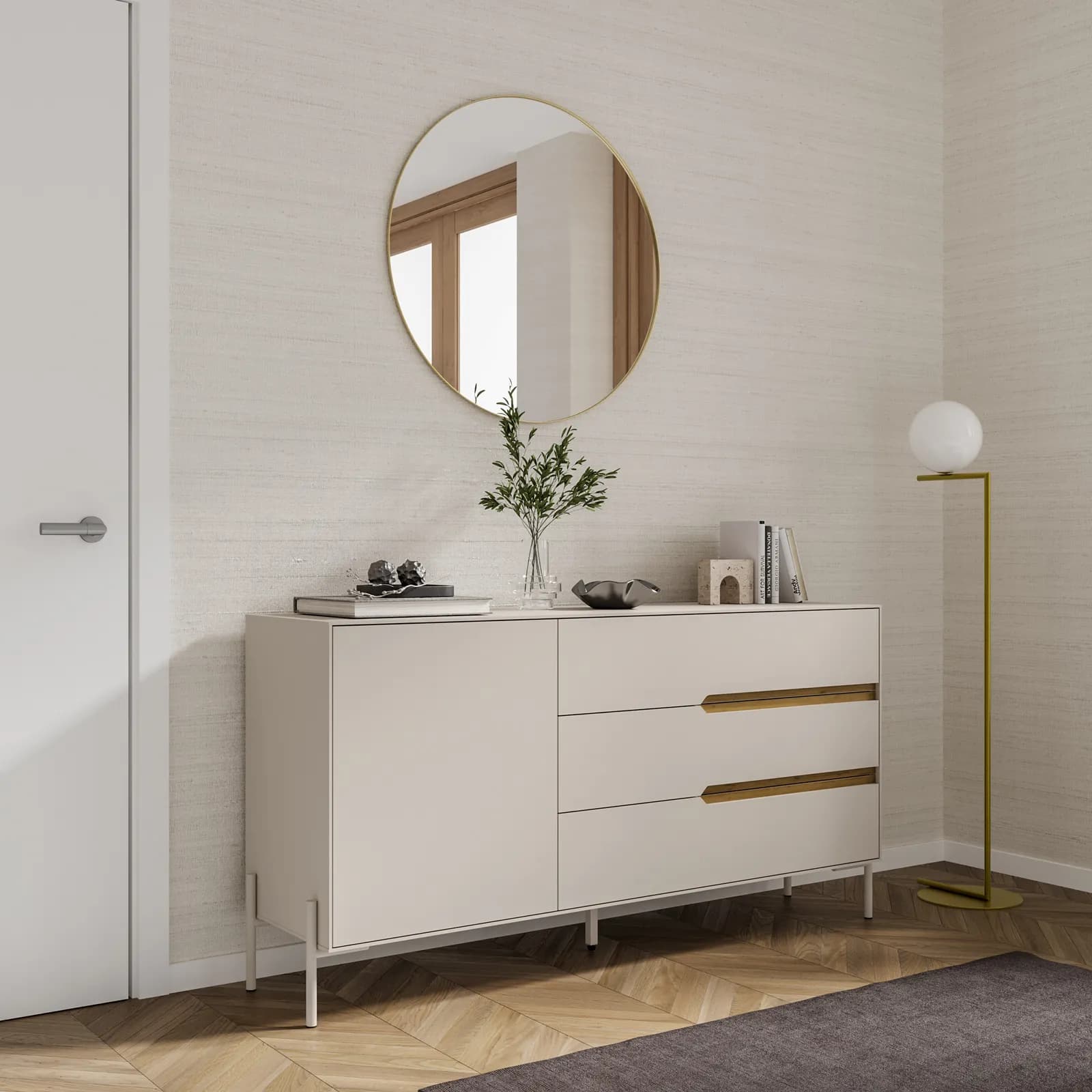 Madia 150x78h cm rovere scuro e cashmere con 3 cassetti e 1 anta - Lygnes