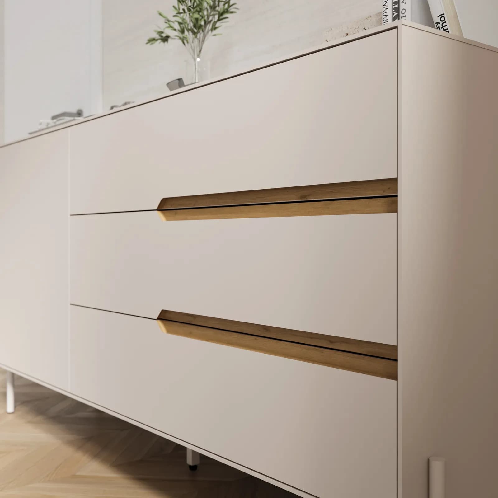 Madia 150x78h cm rovere scuro e cashmere con 3 cassetti e 1 anta - Lygnes