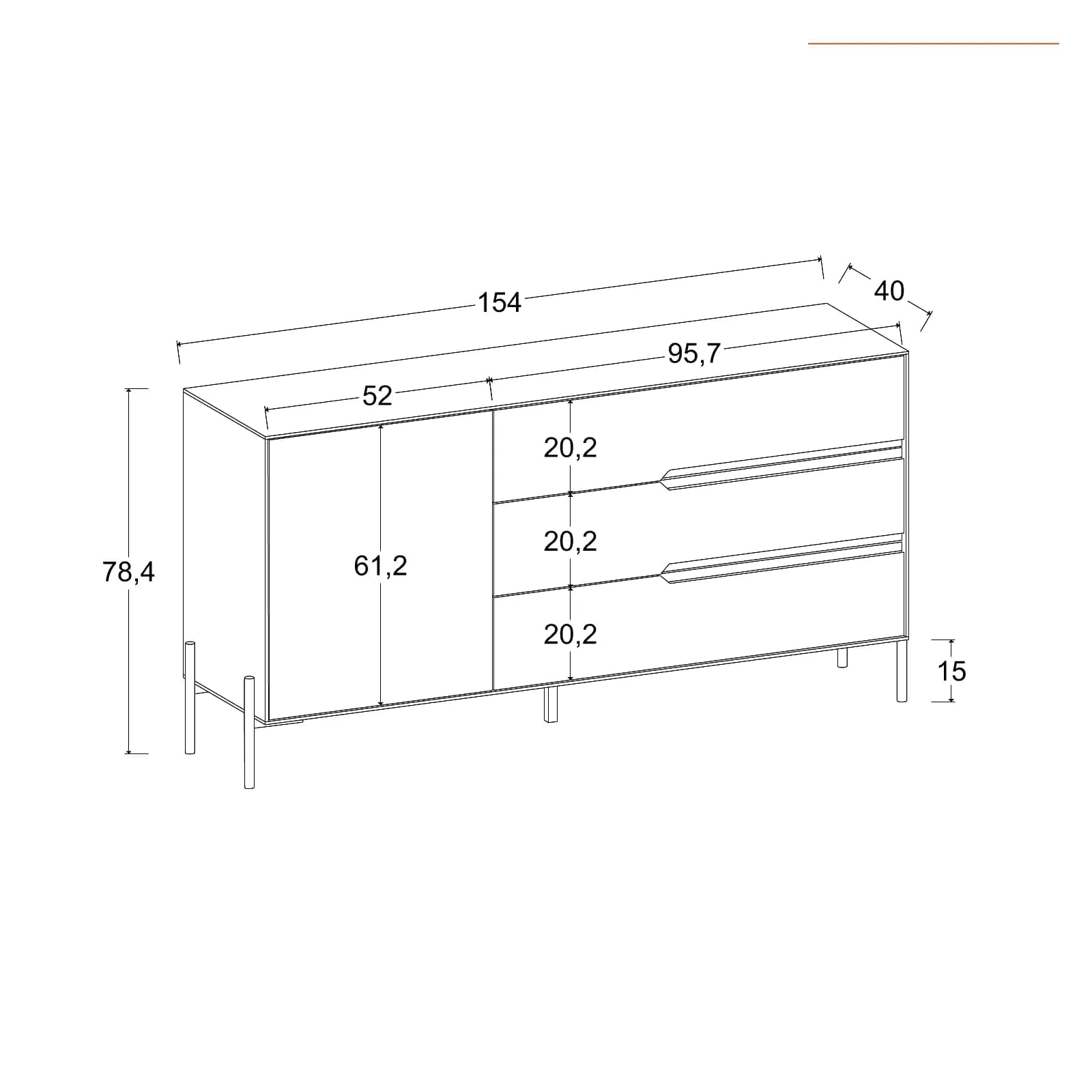 Madia 150x78h cm rovere scuro e cashmere con 3 cassetti e 1 anta - Lygnes