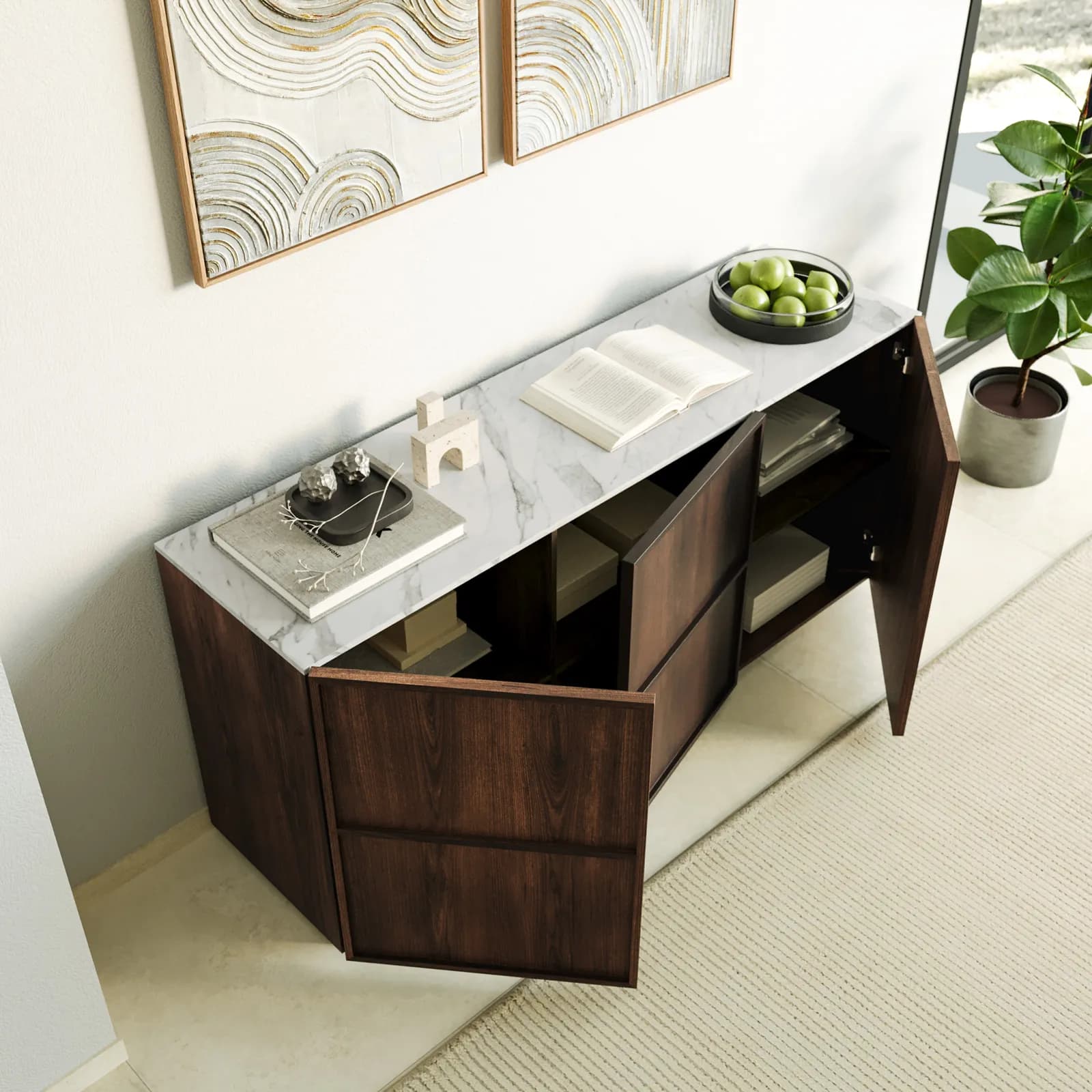 Madia 160x75h cm noce con top effetto marmo bianco e 3 ante soft close - Seraphina