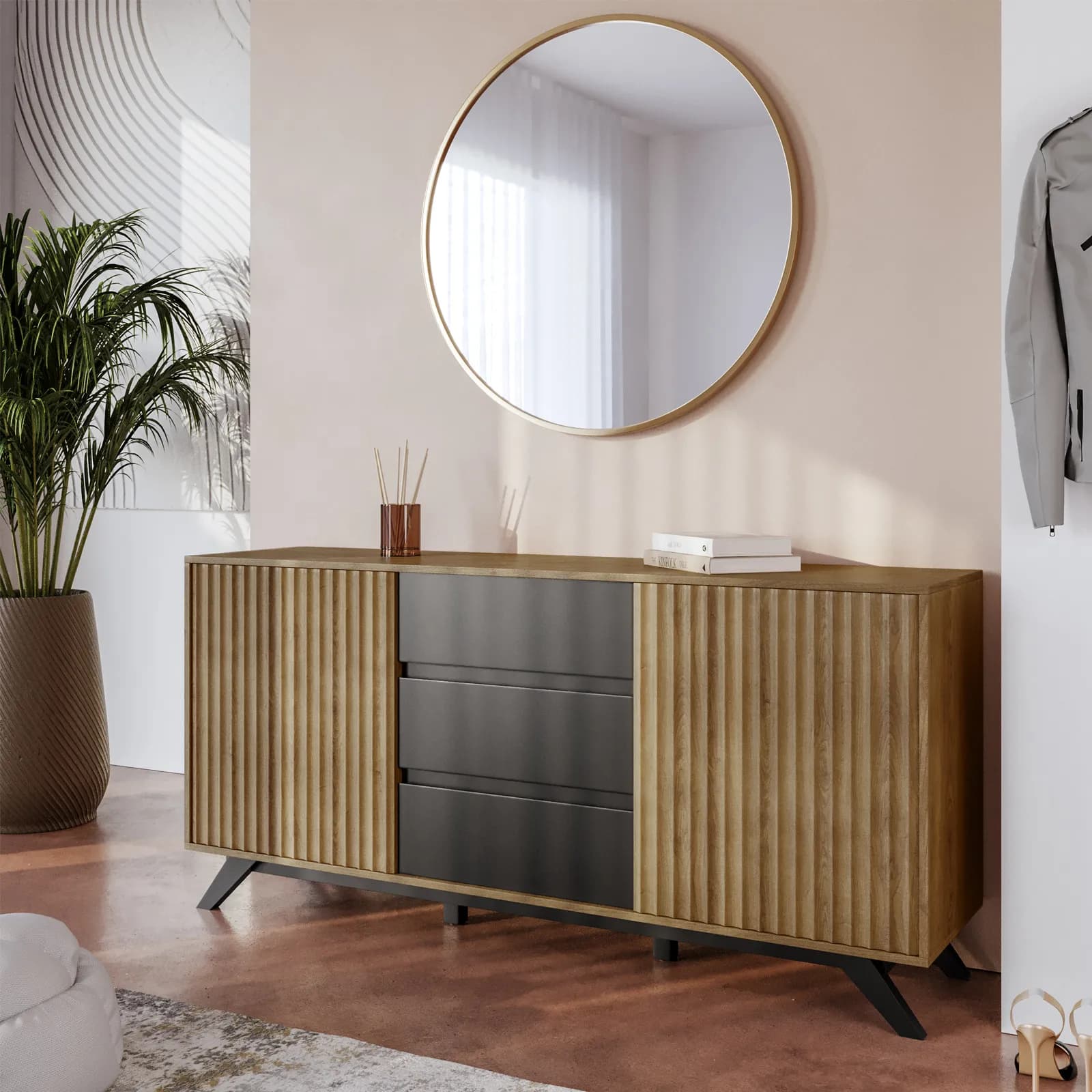 Madia 160x76h cm in legno rovere horizon con cassetti e ante scorrevoli cannettate - Unity