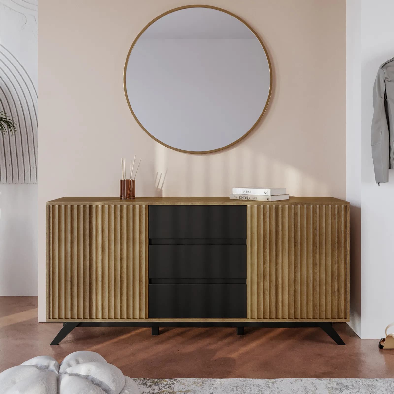 Madia 160x76h cm in legno rovere horizon con cassetti e ante scorrevoli cannettate - Unity