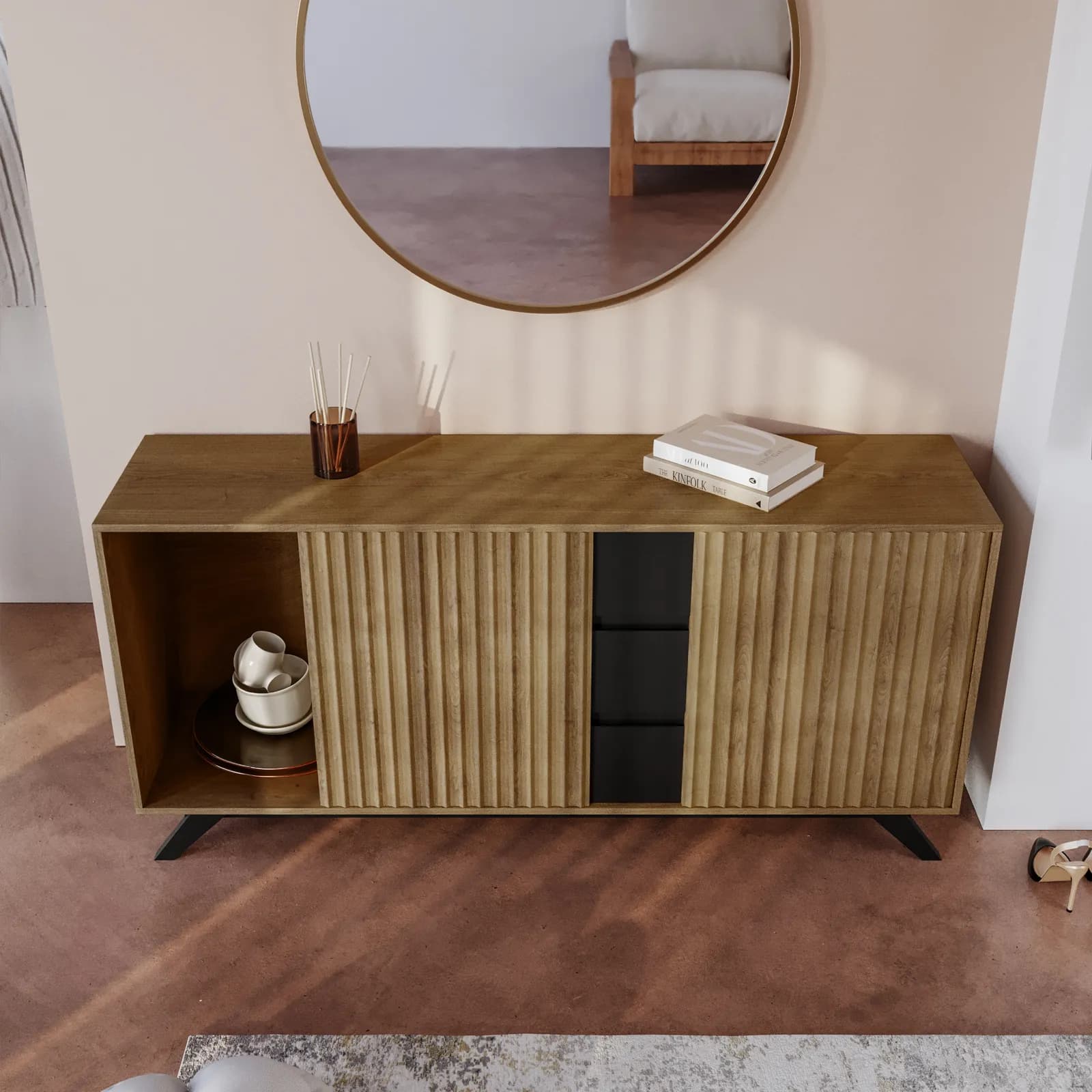 Madia 160x76h cm in legno rovere horizon con cassetti e ante scorrevoli cannettate - Unity