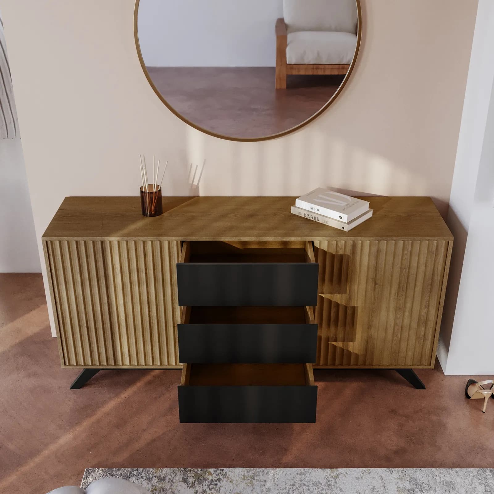 Madia 160x76h cm in legno rovere horizon con cassetti e ante scorrevoli cannettate - Unity