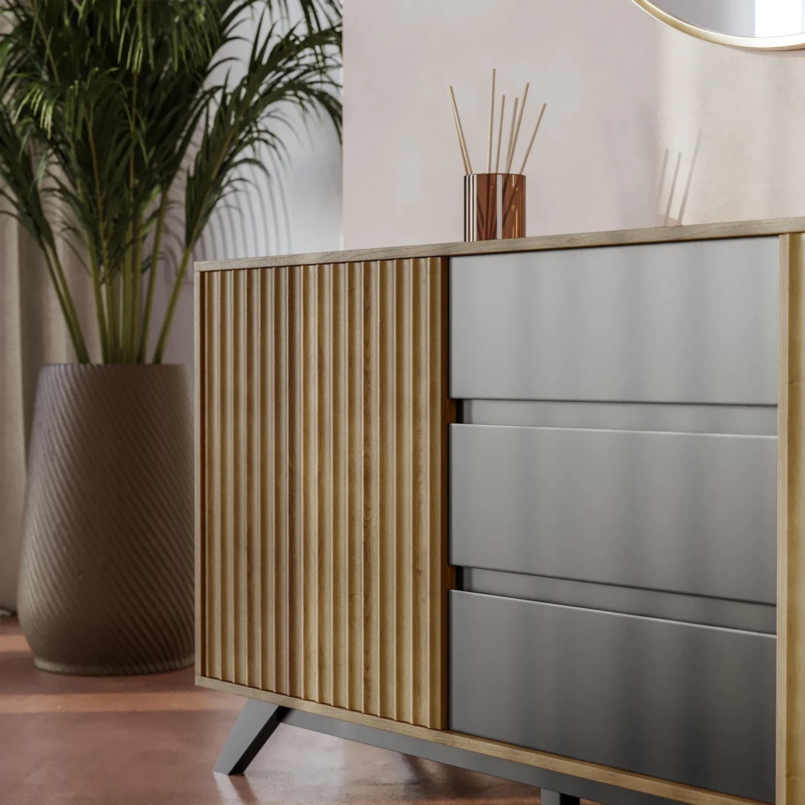 Madia 160x76h cm in legno rovere horizon con cassetti e ante scorrevoli cannettate - Unity