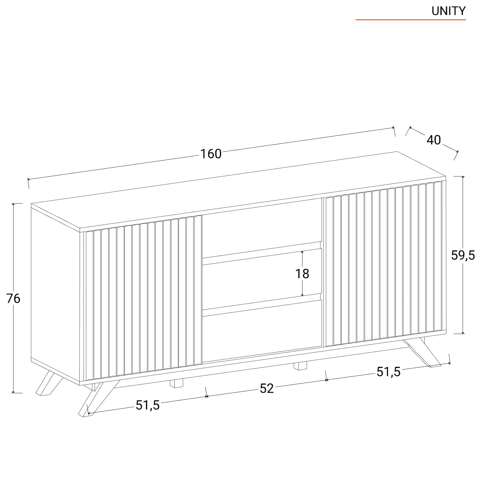 Madia 160x76h cm in legno rovere horizon con cassetti e ante scorrevoli cannettate - Unity
