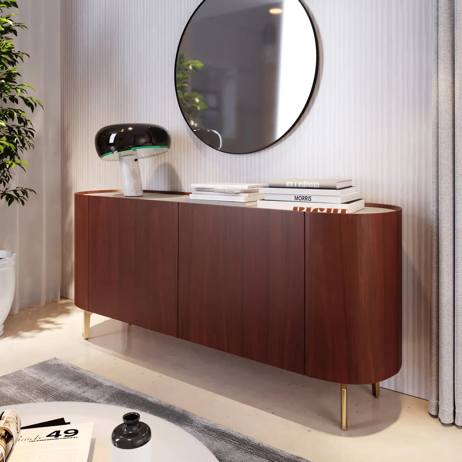 Madia 170x75h cm noce e top in similpelle beige con 4 ante e gambe in metallo oro - Keegan