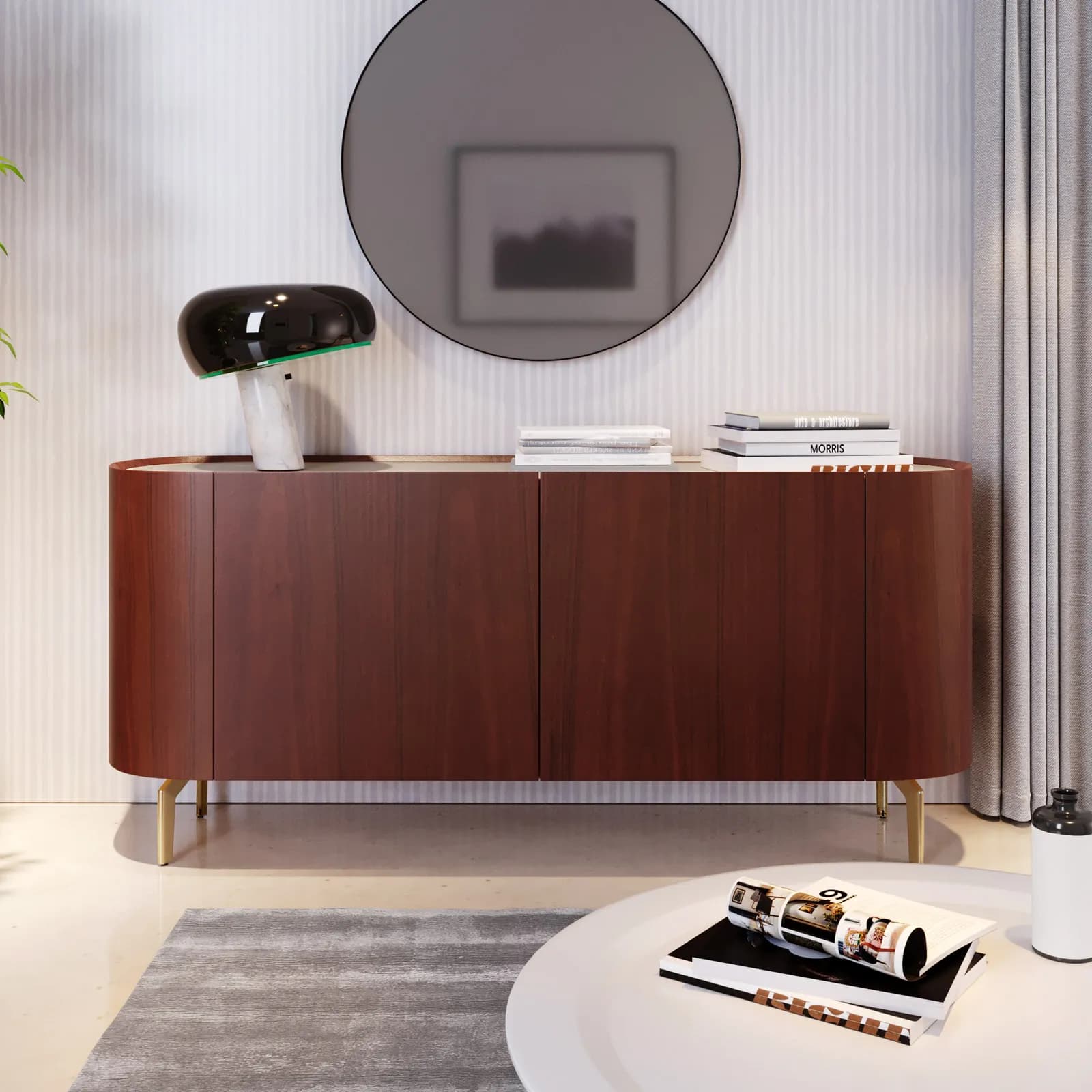 Madia 170x75h cm noce e top in similpelle beige con 4 ante e gambe in metallo oro - Keegan