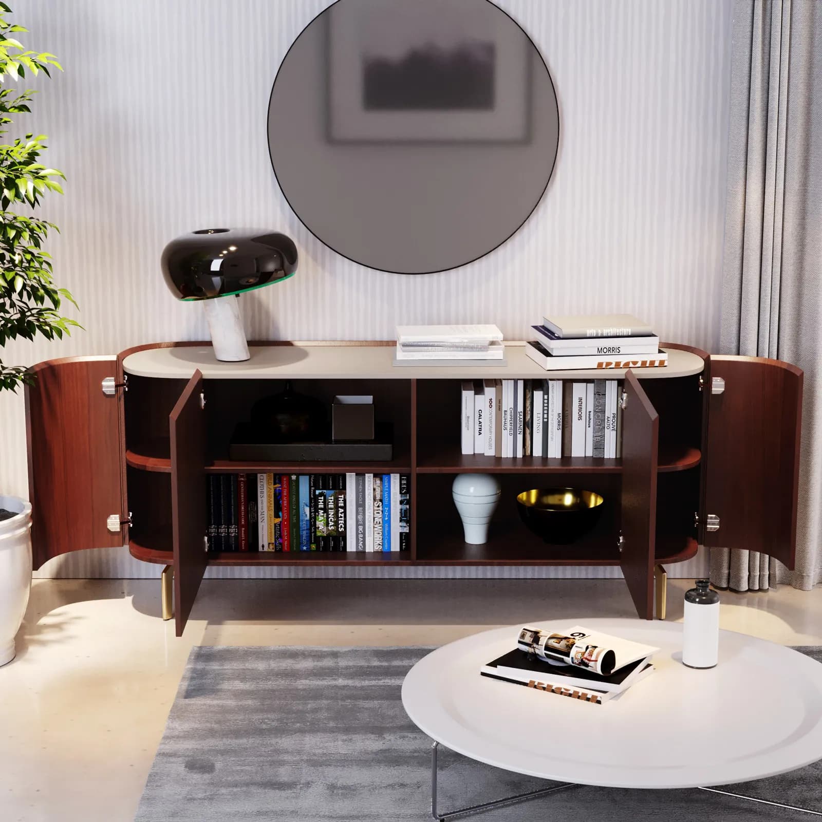 Madia 170x75h cm noce e top in similpelle beige con 4 ante e gambe in metallo oro - Keegan