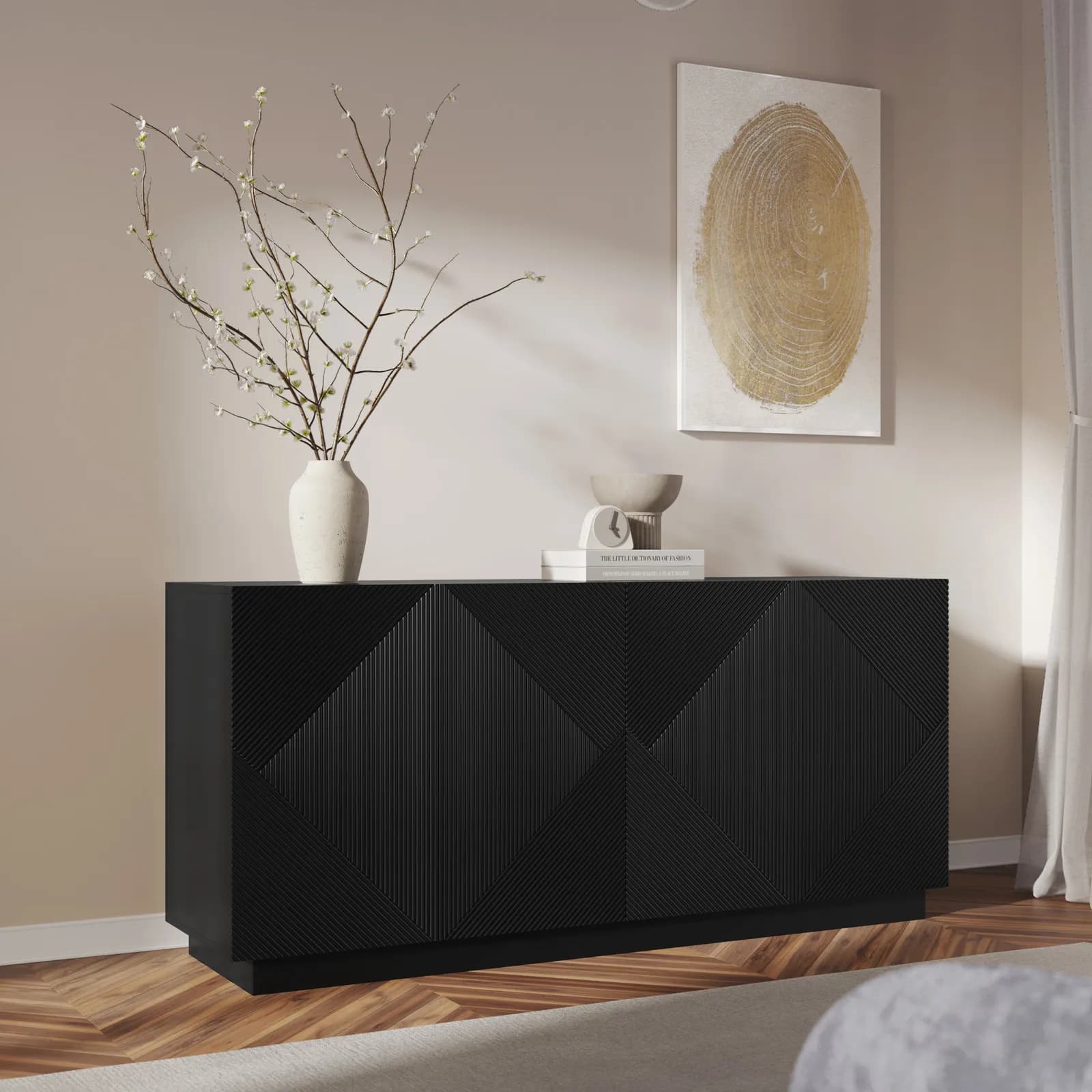 Madia 175x80h cm con 4 ante soft close nero opaco cannettato - Ayla