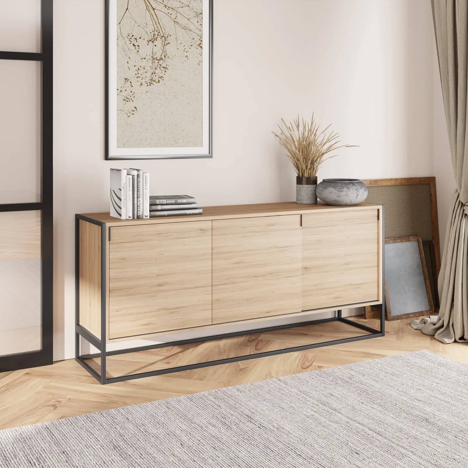 Madia 180x80h cm in legno rovere e struttura in metallo nero - Morfeo
