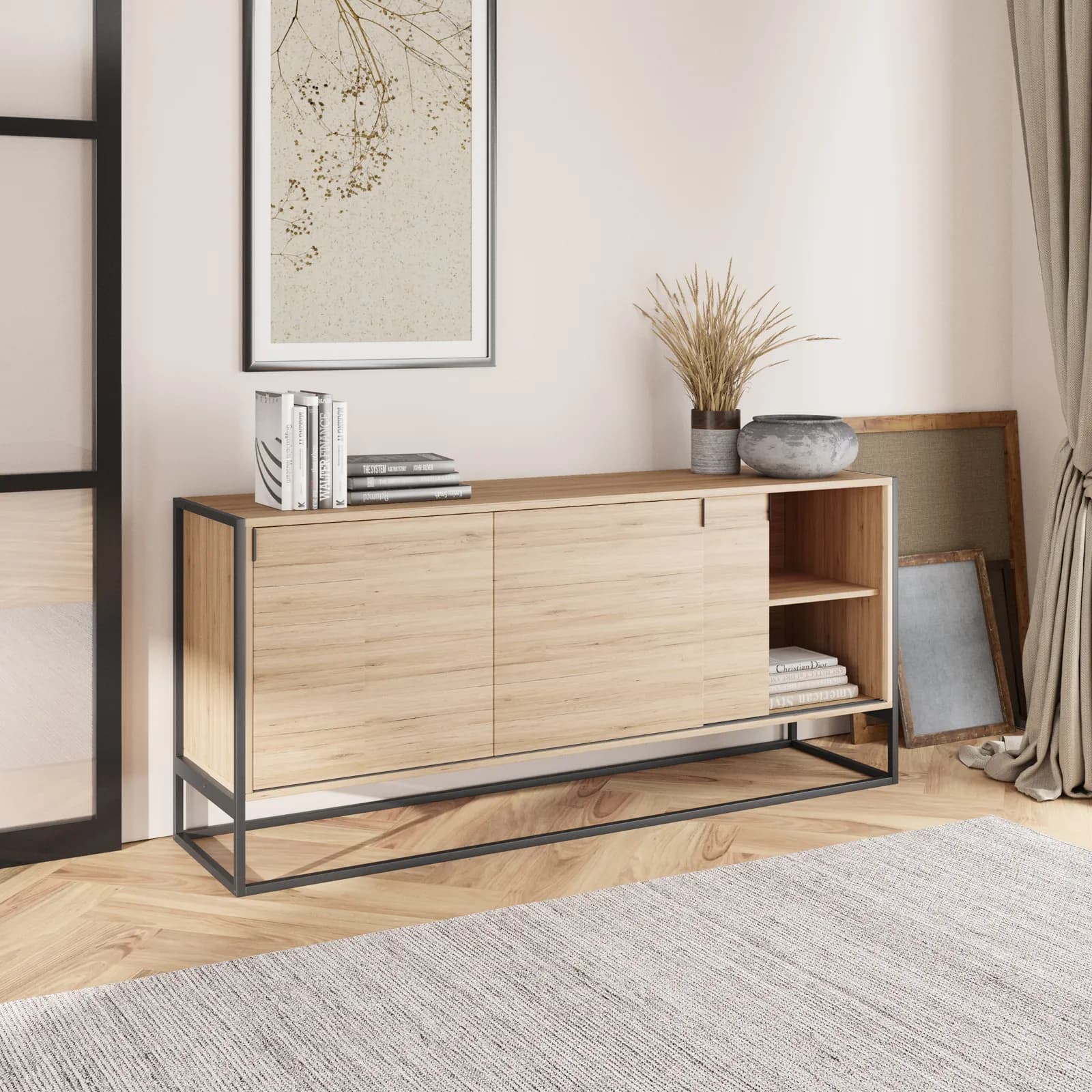 Madia 180x80h cm in legno rovere e struttura in metallo nero - Morfeo