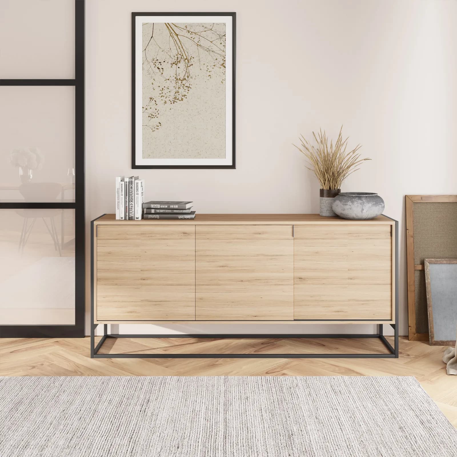 Madia 180x80h cm in legno rovere e struttura in metallo nero - Morfeo