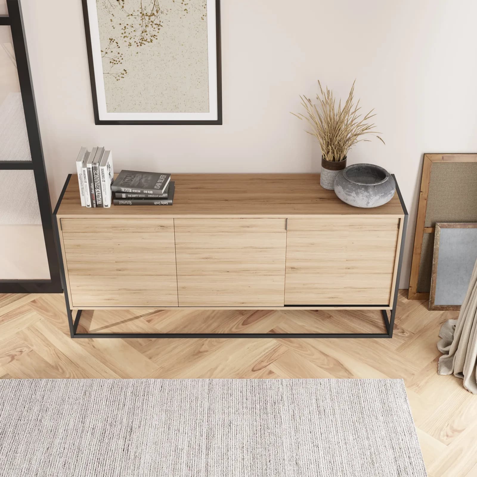 Madia 180x80h cm in legno rovere e struttura in metallo nero - Morfeo