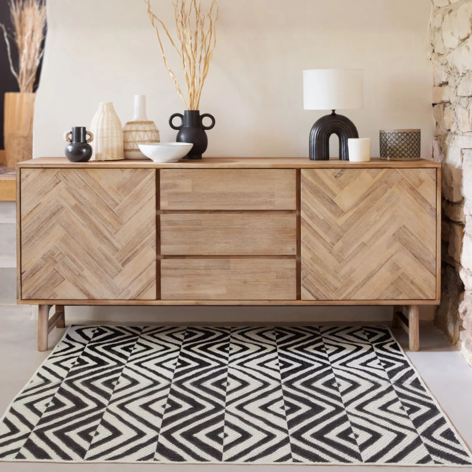 Madia 180x80h cm con 2 ante e 3 cassetti in legno di acacia parquet - Arianne