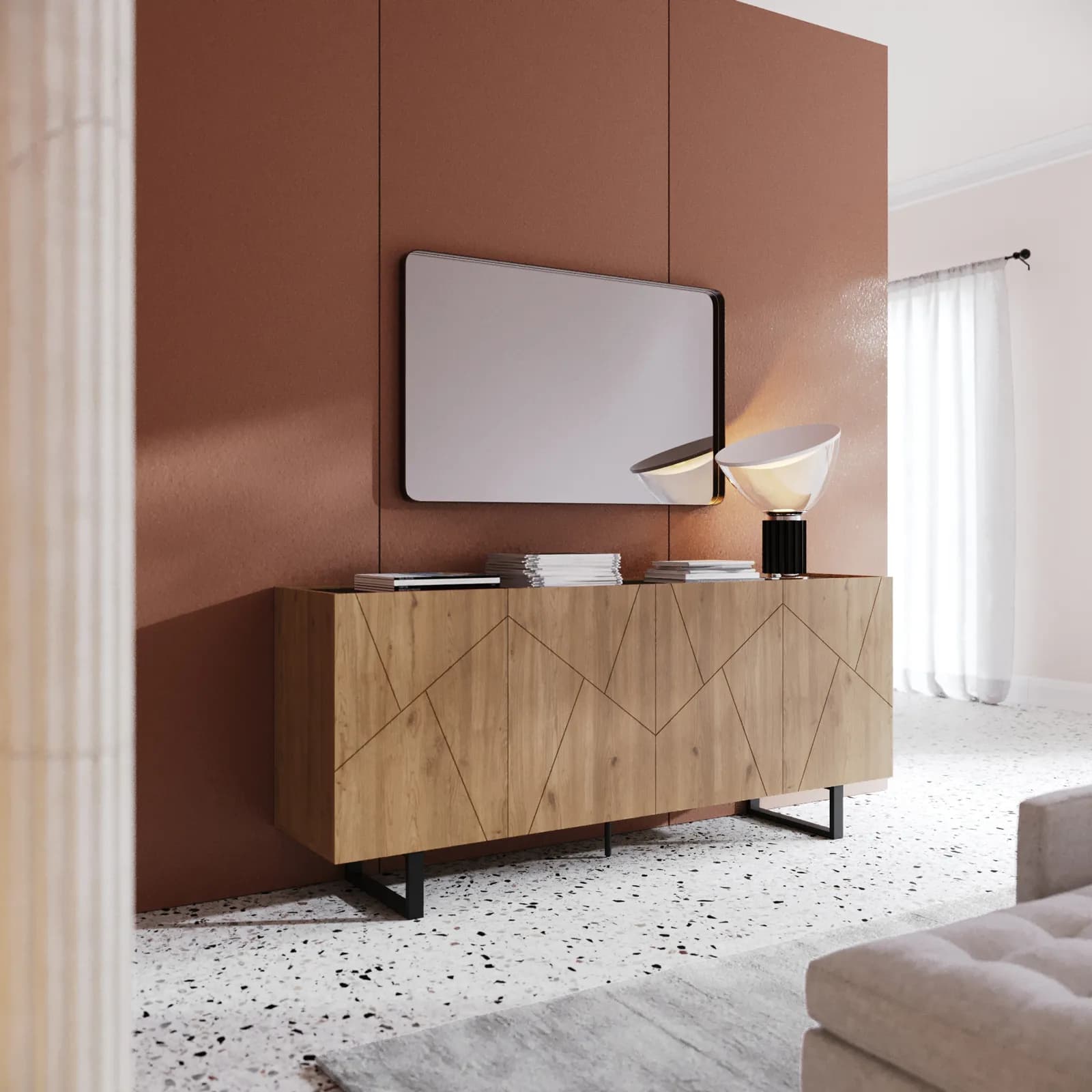 Madia 180x80h cm effetto rovere con 4 ante e intarsi geometrici - Naoko