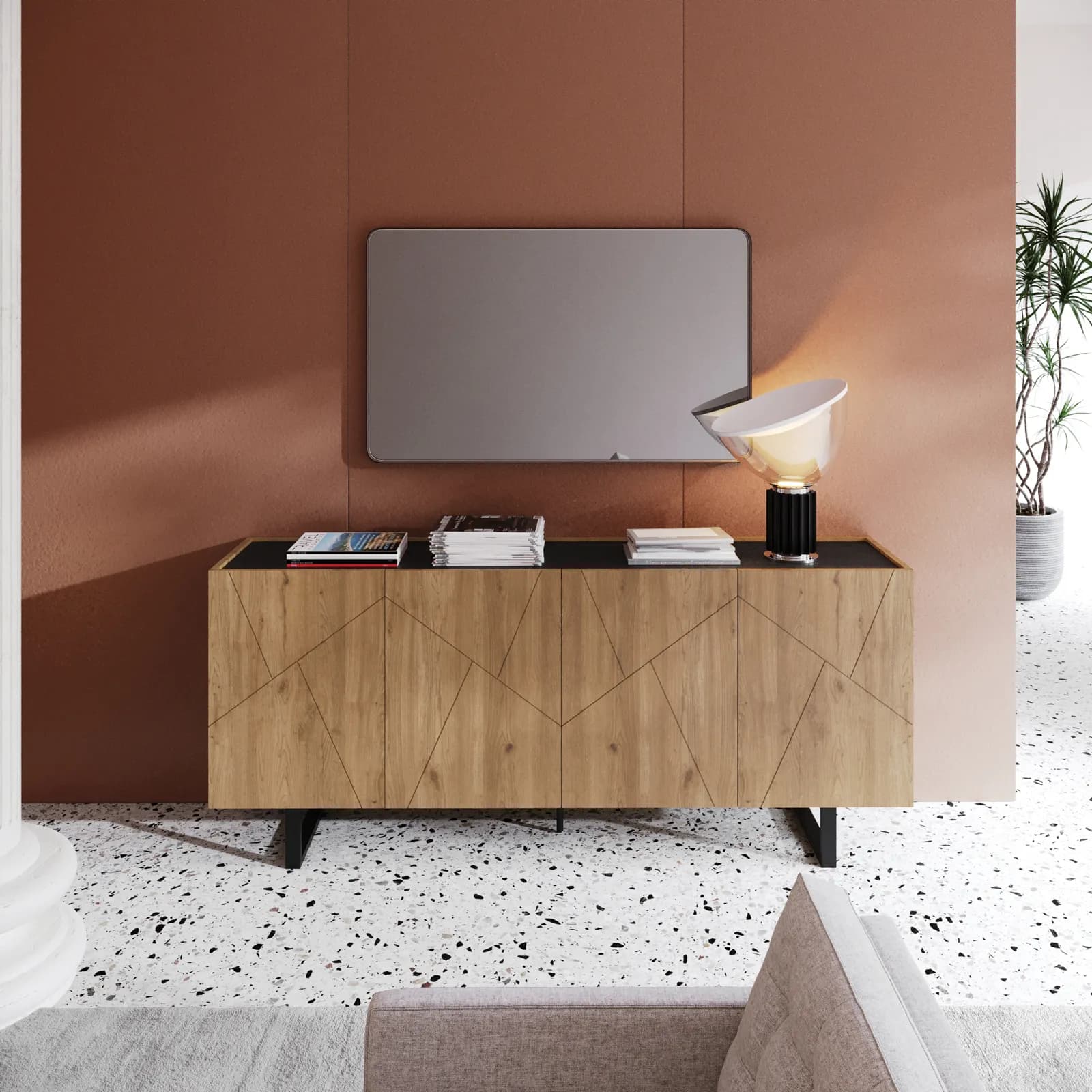 Madia 180x80h cm effetto rovere con 4 ante e intarsi geometrici - Naoko