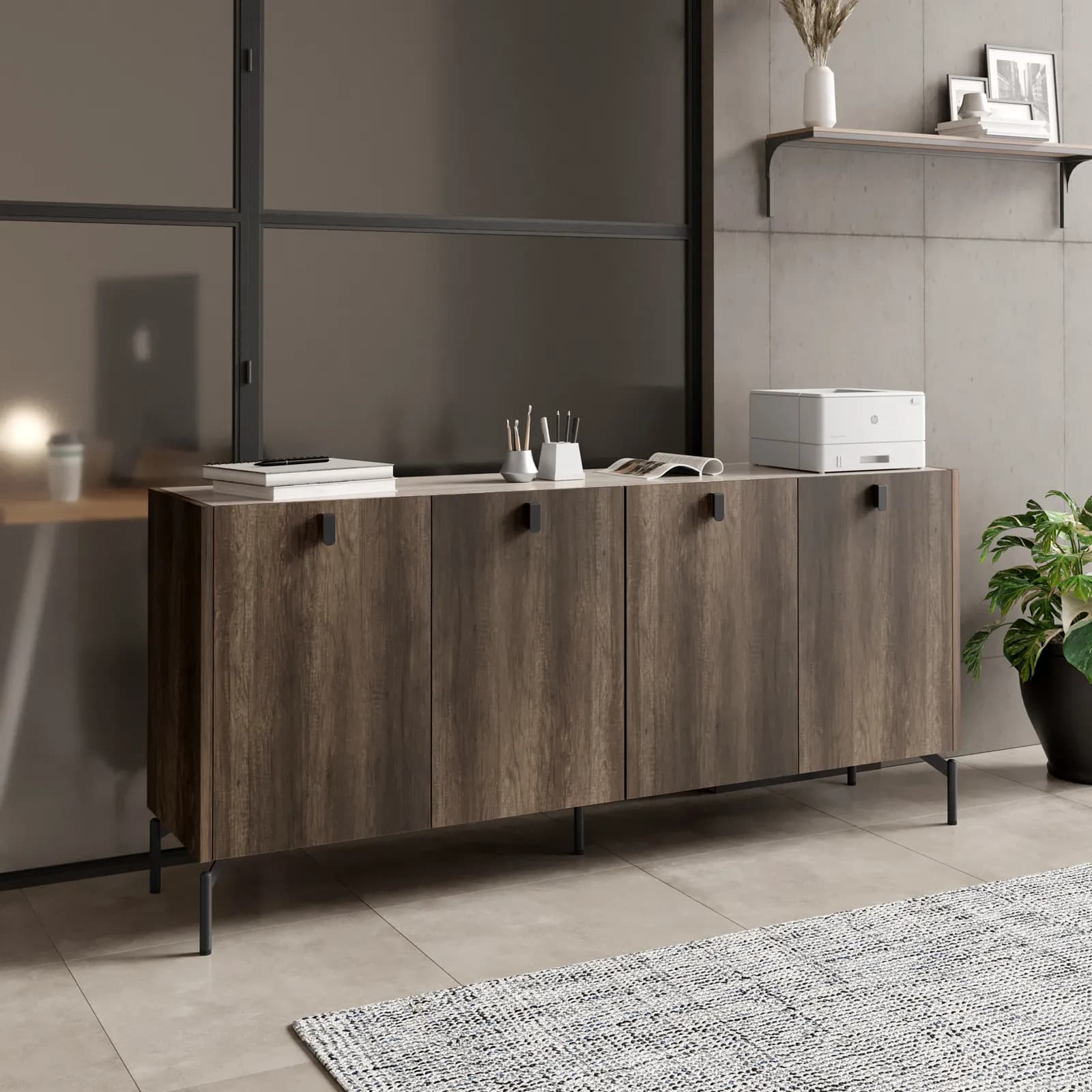 Madia 180x83h cm top effetto marmo con 4 ante rovere canyon - Pavel