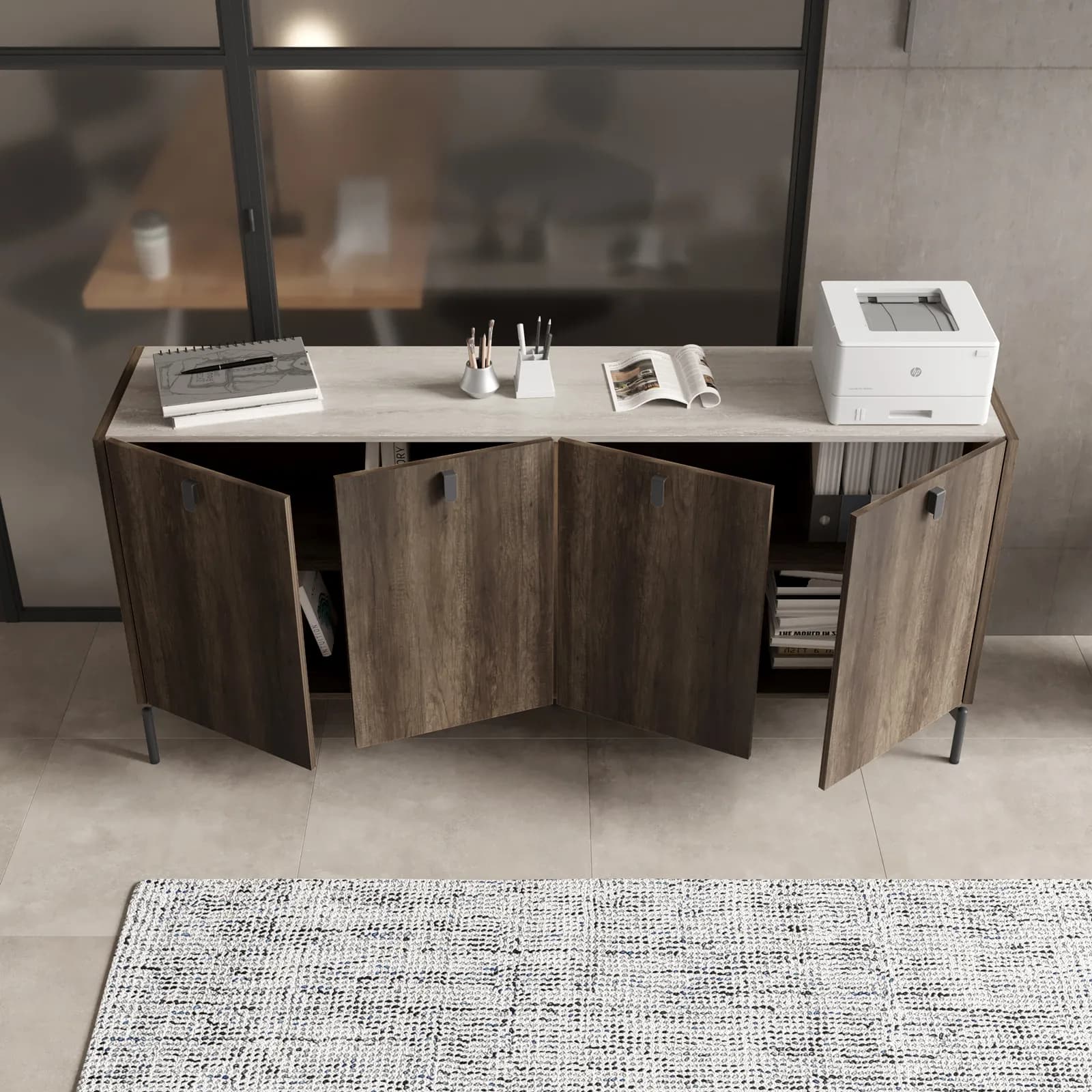 Madia 180x83h cm top effetto marmo con 4 ante rovere canyon - Pavel