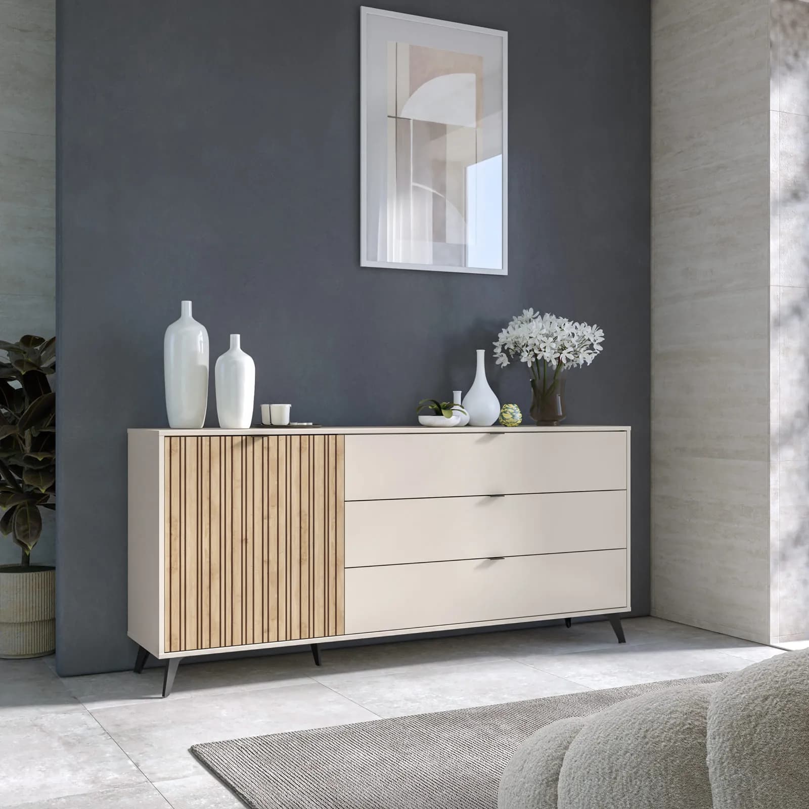 Madia 183x83h cm cashmere con 3 cassetti e 1 anta effetto cannettato rovere - Irina